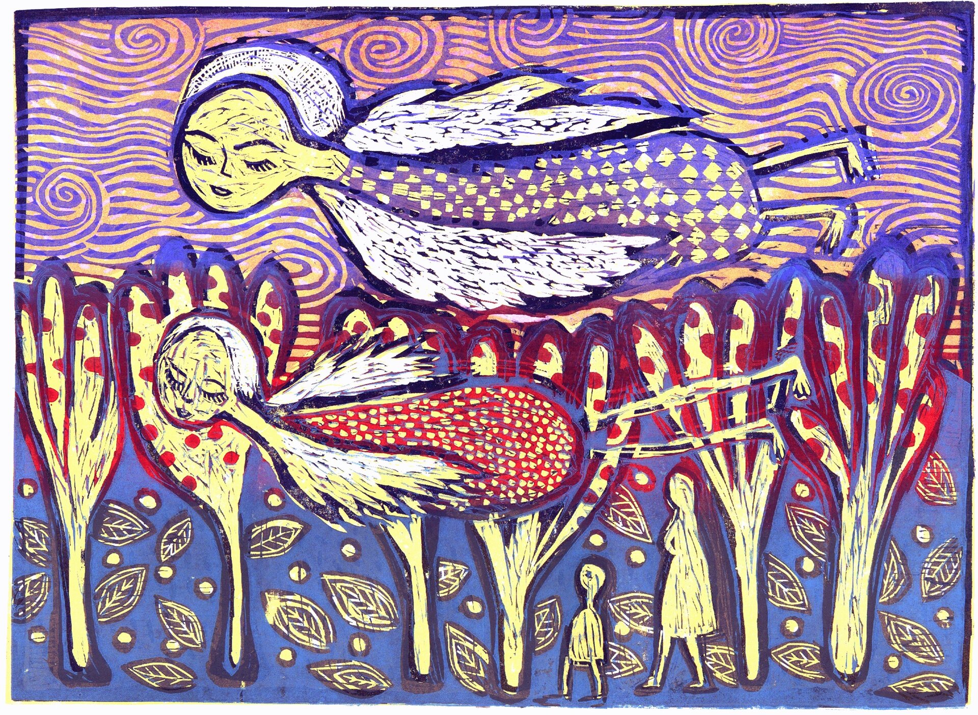 Ilustracja przedstawia linoryt Joanny Frydrychowicz‑Janiak „Tu każdy ma swojego Anioła Stróża”. Przedstawia dwie idące postacie i lecące na nimi anioły. Postacie są niewielkie, idą wśród drzew. Na ziemi leżą duże liście. Nad nimi lecą dwa uśmiechnięte anioły z zamkniętymi oczami. Wszystkie postacie, drzewa i liście są schematyczne, uproszczone i przedstawione w żółtym kolorze. Ziemia jest koloru niebieskiego, a niebo to wijące się, fioletowo‑żółte pasy.