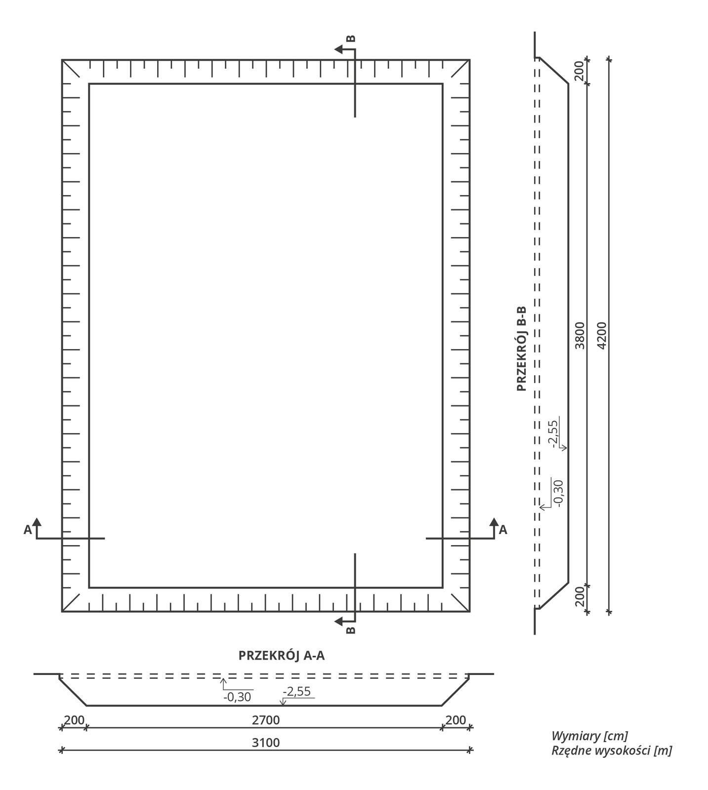 Grafika przedstawia rzut oraz przekroje wykopu szerokoprzestrzennego. Na grafikę składa się prostokątne pole obramowane podziałką metryczną. Po prawej stronie pola znajduje się przekrój B‑B, który składa się z podwójnej przerywanej linii ze strzałką wskazującą na jedną z pojedynczych kresek i wartością -0.30. Poniżej widać ciągłą pogrubioną linię o nieco krótszej długości, do której prowadzi strzałka z oznaczeniem wartości -2,55. Poniżej znajdują się dwie cieńsze linie o oznaczeniach 3800 i 200 po dwóch końcach oraz 4200. Poniżej pola znajduje się przekrój A‑A, który wygląda identycznie z tą jedynie różnicą, że składające się na niego linie są krótsze: mają po 3100 cm. Po prawej stronie znajduje się legenda mówiąca: Wymiary [cm], Rzędne wysokości [m]. 
