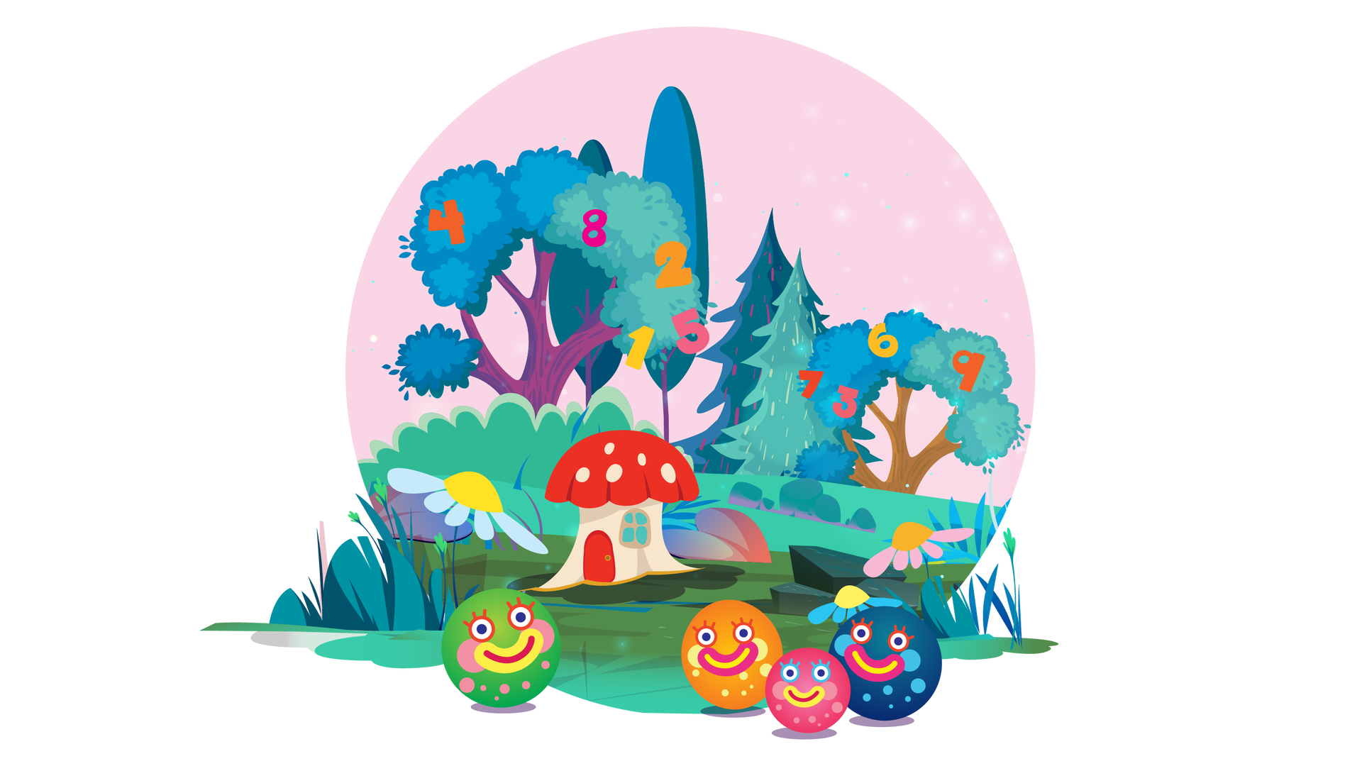 Ilustracja przedstawia bajkowy krajobraz leśny. W tle widać jasnoróżowe niebo z pojedynczymi białymi gwiazdami. Dookoła rozciąga się rozległy teren porośnięty zielenią. Znajdują się na nim krzewy, pojedyncze kwiaty i gdzieniegdzie wysokie kępki traw. Na linii horyzontu jest kilka drzew liściastych i iglastych. Na koronach dwóch drzew liściastych znajdują się kolorowe cyferki. Na drzewie po lewej stronie są to: ciemnopomarańczowe cztery, ciemnoróżowe osiem, pomarańczowe dwa, różowe pięć i żółte jeden. Na drzewie po prawej stronie są to: czerwone siedem, różowe trzy, żółte sześć i ciemnopomarańczowe dziewięć. Na środku ilustracji jest domek z muchomora z białymi ścianami, czerwonym dachem w białe kropki, jednym oknem i czerwonymi drzwiami. Na pierwszym planie są cztery kolorowe kulki. Po lewej stronie zielona, a po prawej pomarańczowa, ciemnoróżowa i granatowa. Każda z nich ma oczy z rzęsami, kolorowy uśmiech i jest ozdobiona kolorowymi kropkami.