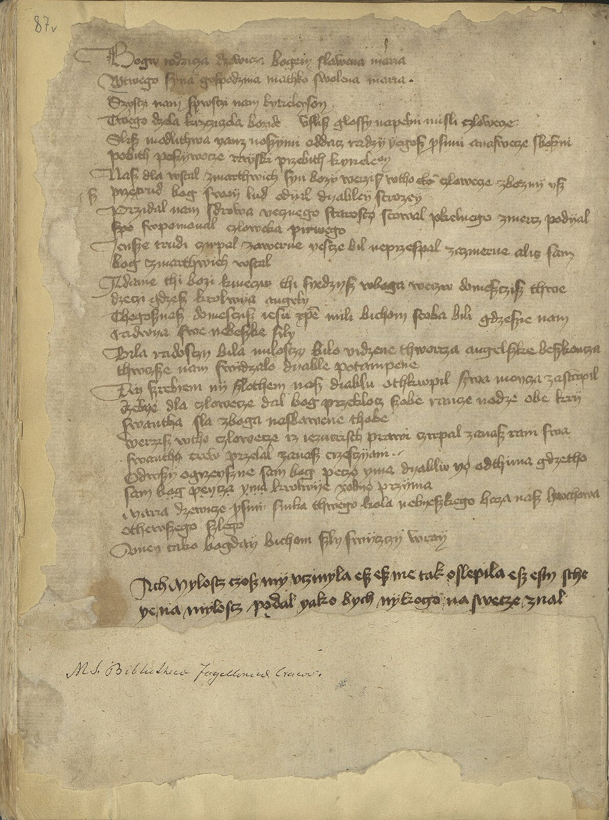 Zdjęcie przedstawia zniszczoną kartę, na której znajduje się odręczny zapis tekstu Bogurodzicy. Tekst jest zapisany starannie.