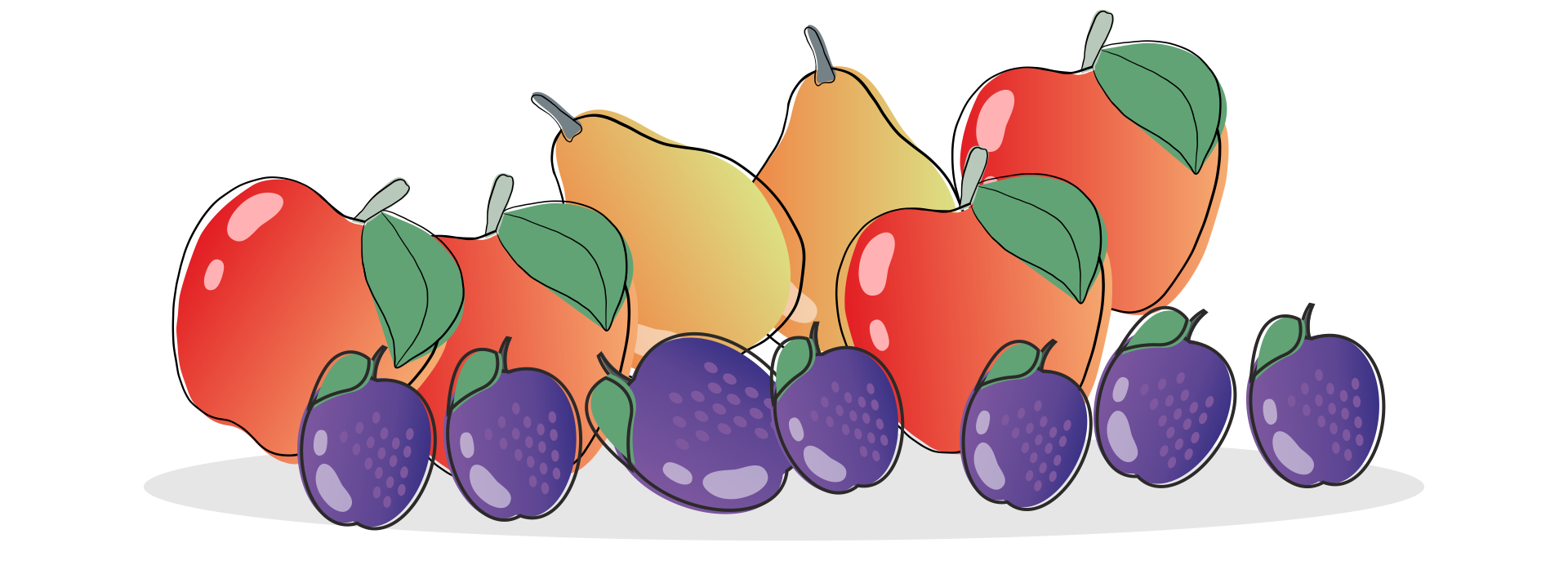 Grafika przedstawiająca cztery czerwone jabłka, dwie żółte gruszki oraz siedem fioletowych śliwek.