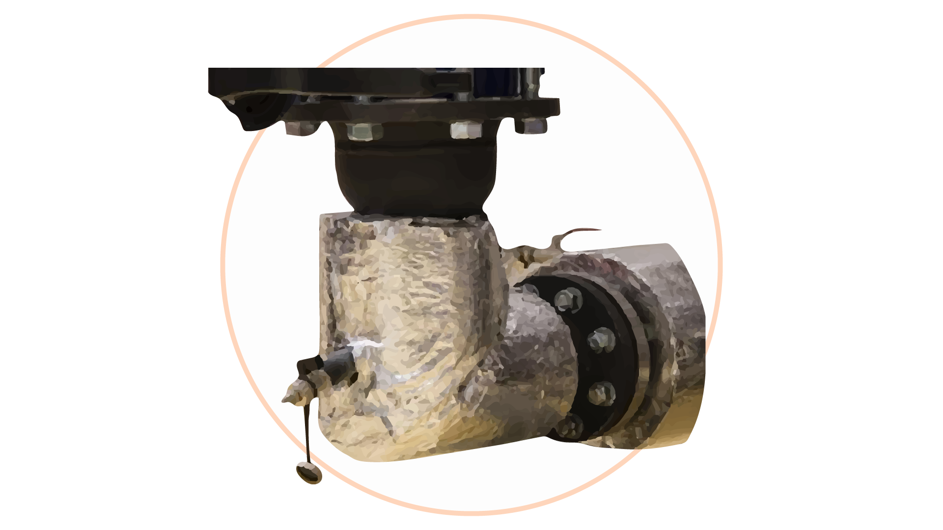 Grafika przedstawia błędnie wykonaną izolację zimnochronną rurociągu - mostek termiczny. Rurociąg jest pokryty wełną mineralną oraz warstwą folii izolacyjnej. Izolacja zawiera mostek termiczny. Z rurociągu wystaje zawór. 