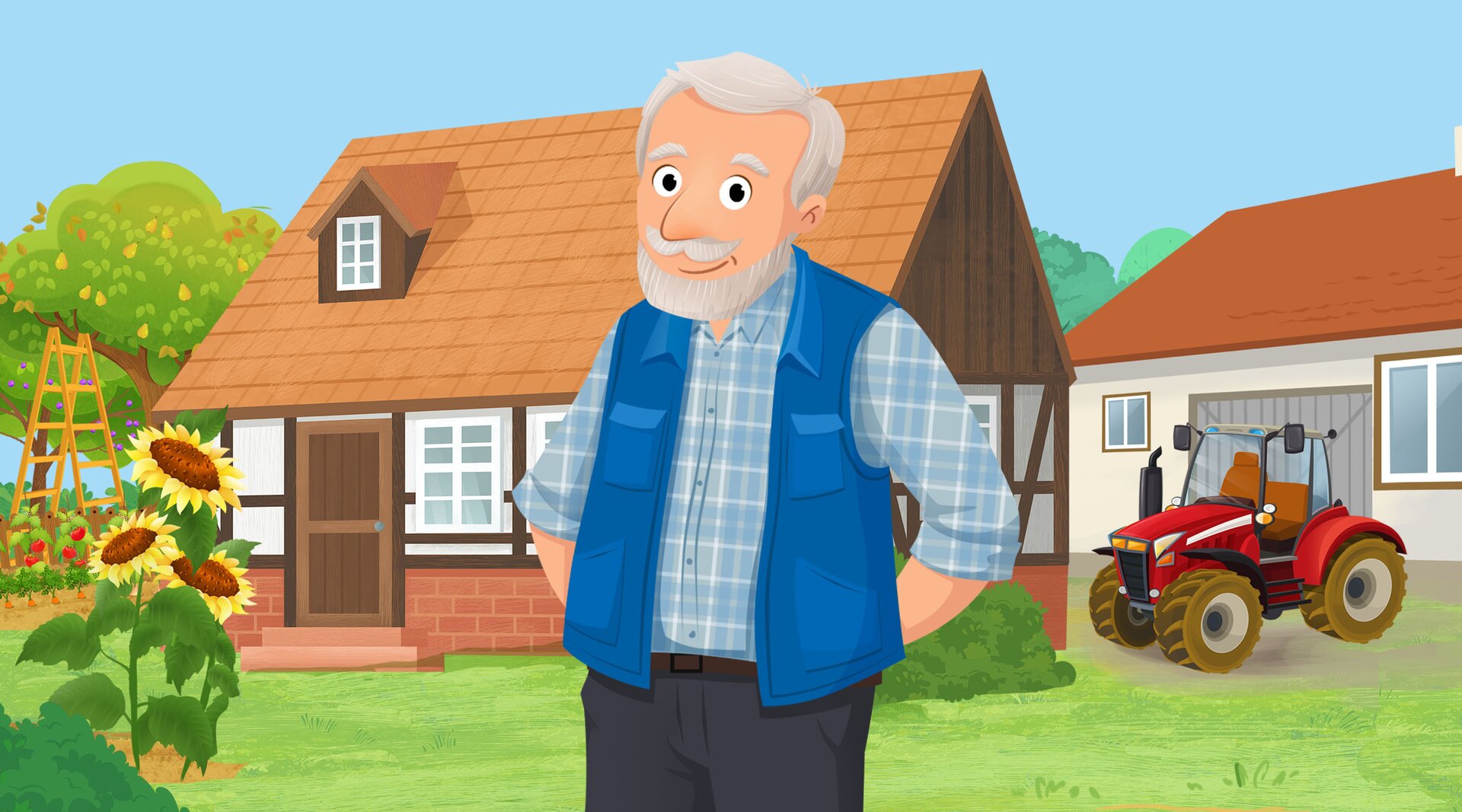Ilustracja przedstawia rolnika na gospodarstwie 