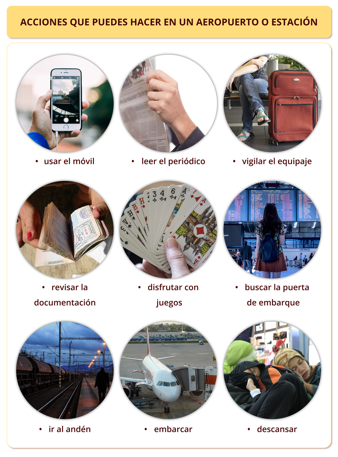 Grafika z hiszpańskim słownictwem. Tytuł grafiki ACCIONES QUE PUEDES HACER EN UN AEROPUERTO O ESTACIÓN. Poniżej znajduje się dziewięć zdjęć z podpisami.  
Zdjęcie osoby robiącej zdjęcia telefonem. Podpis usar el móvil. 
Zdjęcie osoby czytającej gazetę. Podpis leer el periódico.
Zdjęcie siedzącej osoby, przy której stoi walizka. Podpis vigilar el equipaje. 
Zdjęcie osoby przeglądającej zapisane karty. Podpis revisar la documentación. 
Zdjęcie osoby trzymającej karty do gry. Podpis disfrutar con juegos. 
Zdjęcie osoby czytającej tablicę z lotami samolotów. Podpis buscar la puerta de embarque. 
Zdjęcie peronu. Podpis ir al andén.
Zdjęcie samolotu stojącego na płycie lotniska. Podpis embarcar. 
Zdjęcie dwóch osób śpiących w poczekalni. Podpis descansar. 