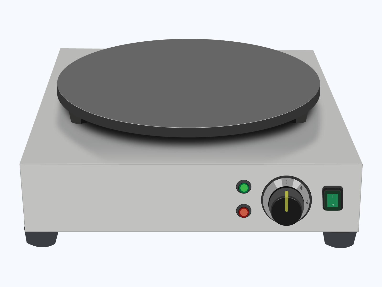  Ilustracja przedstawia naleśnikarkę. Obudowa urządzenia jest koloru szarego. Na frocie urządzenia widnieje pokrętło do regulacji temperatury. Po jego lewej dwie lampki o kolorach zielonym i czerwonym. Po prawej włącznik urządzenia. W górnej części znajduje się okrągły, stalowy, ciemnego koloru blat do smażenia naleśników.