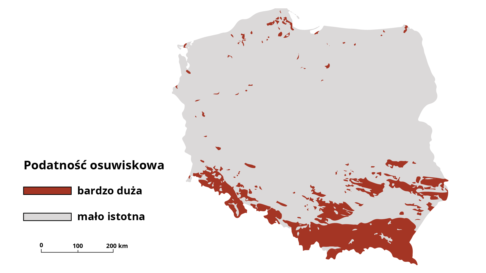 Mapa Polski przedstawia podatność osuwiskową i występowanie osuwisk w Polsce. Bardzo dużą podatność zaznaczono kolorem czerwonym, a mało istotną kolorem szarym. Największa podatność występuje na południu Polski w województwach śląskim, małopolskim i podkarpackim  oraz w Sudetach. Nieznacznie występuje także na północy kraju w okolicach Pobrzeża Gdańskiego.