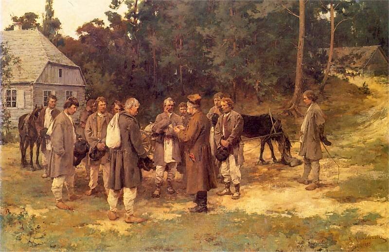 Obraz przedstawia grupę mężczyzn w skromnych strojach, z którą rozmawia mężczyzna w mundurze. W tle stoi drewniana chata oraz znajduje się las.