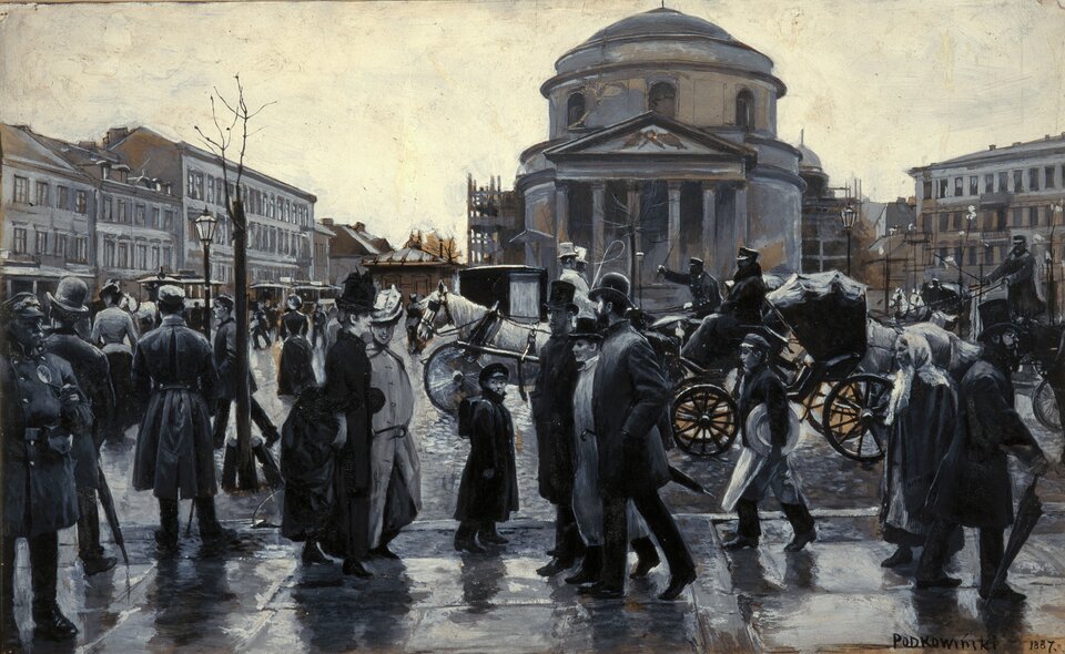 Obraz przedstawia ruchliwy miejski plac, widziany z perspektywy przechodnia, z zaznaczoną zabudową i ruchem ulicznym. Na pierwszym planie  widać przechadzających  się ludzi - mężczyzn, kobiety i dzieci - ubranych w stroje z epoki. Za nimi ulicą przejeżdżają powożone przez woźniców konne dorożki. W tle widoczny budynek kościoła w centrum i kamienice po obydwu stronach placu.