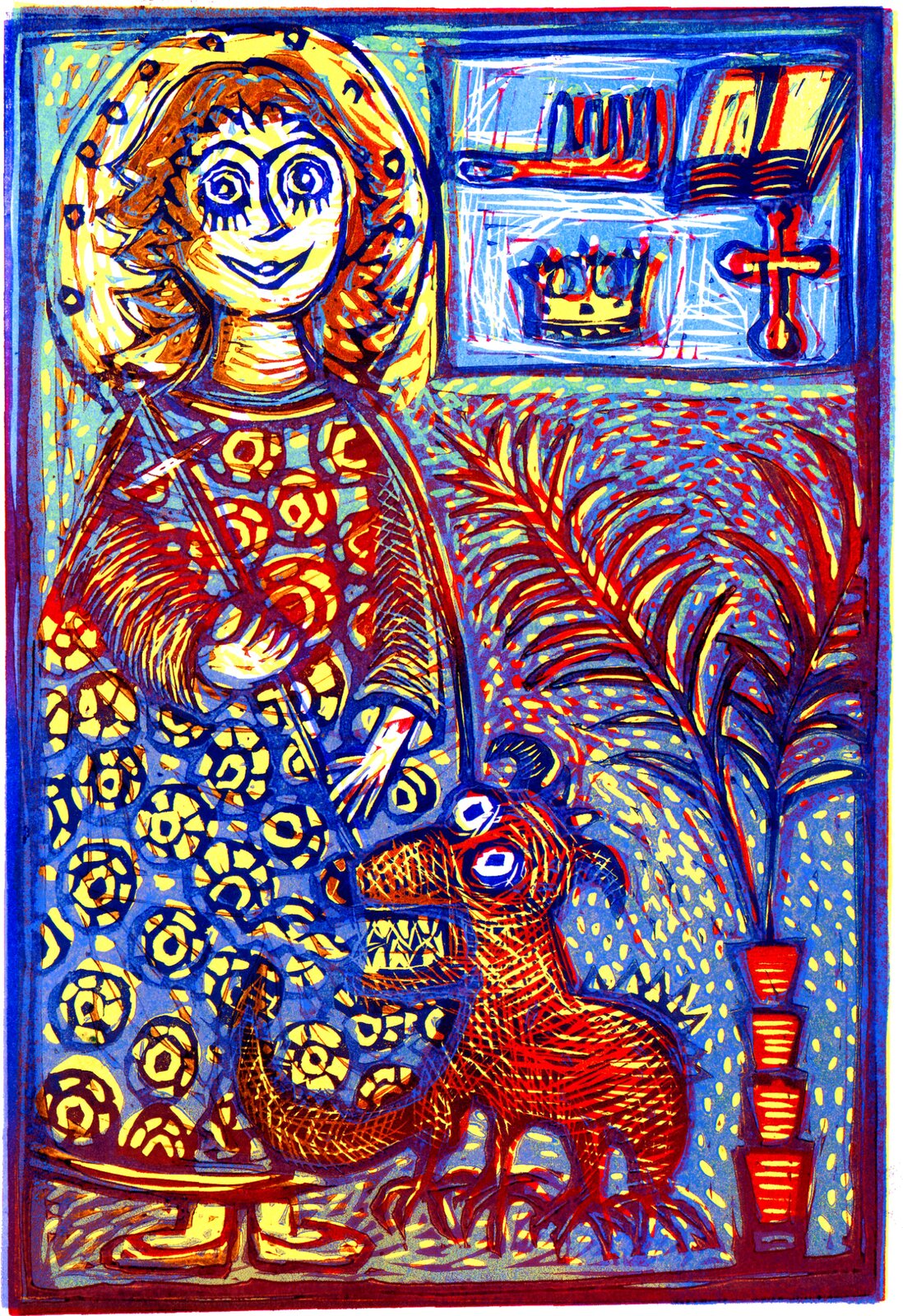 Ilustracja przedstawia linoryt Joanny Frydrychowicz‑Janiak, który ukazuje świętą Małgorzatę. Święta w dłoni trzyma krzyż, a obok niej stoi mały smok. Wokół głowy Małgorzaty znajduje się nimb. W górnej części na półce leżą: grzebień, otwarta księga, korona i krzyż. U dołu widać palmę. Obraz jest zrobiony w niebiesko‑pomarańczowych kolorach.