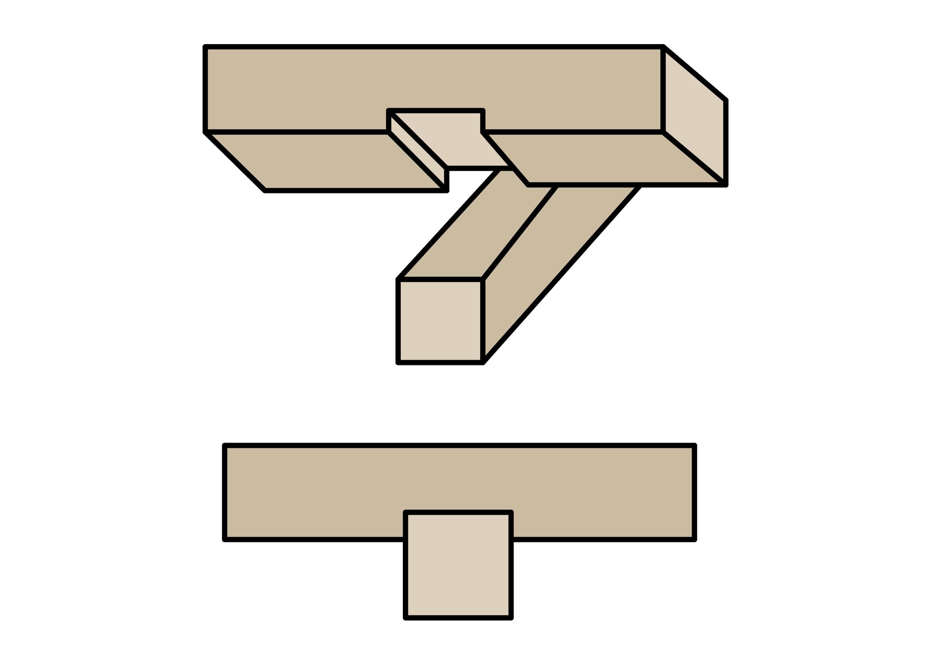 Rysunek przedstawia złącze krzyżowe na wrąb jednostronny. Na jednym rysunku ukazano dwa oddzielne elementy, w jednym wycięto zagłębienie o kształcie dopasowanym do szerokości drugiego elementu. Na drugim rysunku elementy są połączone.