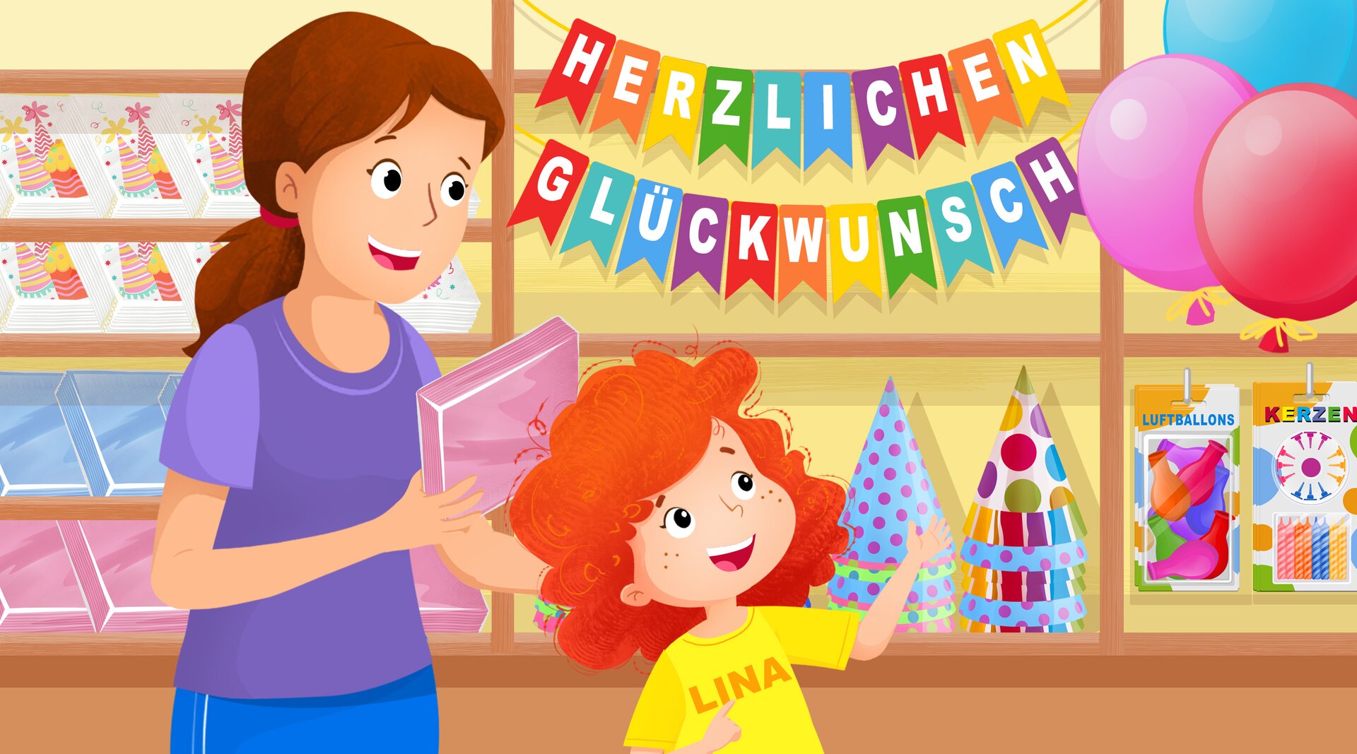 Na ilustracji przedstawiona jest mama z Liną w sklepie papierniczym. Lina zadaje mamie pytanie.