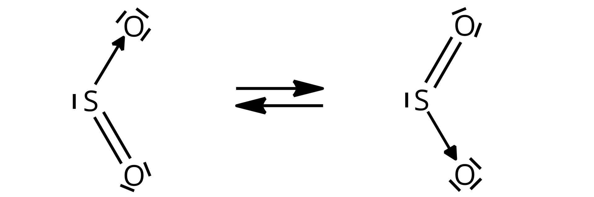 Ilustracja przedstawiająca dwie struktury rezonansowe tlenku siarki (<math aria‑label="cztery">IV). Pierwsza o budowie. Atom siarki z zaznaczoną jedną wolną parą elektronową połączony jest za pomocą wiązania podwójnego z atomem tlenu posiadającym dwie wolne pary elektronowe i związany jest wiązaniem koordynacyjnym z drugim atomem tlenu, co symbolizuje strzałka poprowadzona od atomu siarki do atomu tlenu, który to posiada trzy wolne pary elektronowe. Druga struktura, odwrotnie. Drugi atom tlenu łączy wiązanie podwójne z atomem siarki, zaś pierwszy jest koordynowany przez atom siarki, co oznaczono strzałką poprowadzoną od atomu siarki do atomu tlenu. Pomiędzy strukturami strzałka w dwie strony. Rzeczywista struktura tlenku siarki (<math aria‑label="cztery">IV) jest wypadkową opisanych struktur granicznych.