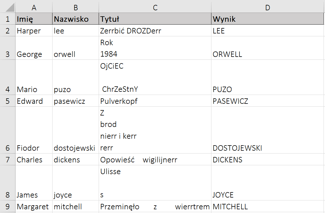 Ilustracja przedstawia fragment arkusza kalkulacyjnego. Ukazane są kolumny od A do D oraz wiersze od 1 do 9. Kolumna A została zatytułowana imię. Kolumna B została zatytułowana nazwisko. Kolumna C została to tytuł. Kolumna D została zatytułowana wynik. W wierszach od 2 do 9 znajdują się następujące dane. W komórce A2, Harper, napisano dużymi literami. W komórce B2, Lee, napisano małymi literami. W komórce C2. Zerrbić Drozderr, pierwsze słowo od dużej litery, w drugim drozd napisano dużymi literami, err napisano małymi literami. W komórce D2, Lee, napisano dużymi literami. W komórce A3, George, napisano dużymi literami. W komórce B3, Orwell, napisano małymi literami. W komórce C3, Rok 1984, słowo napisano od dużej litery, napis podzielono na dwa wersy, w pierwszym wersie Rok, w drugim wersie 1984. W komórce D3 Orwell, napisano dużymi literami. W komórce A4, Mario napisano dużymi literami. W komórce B4, Puzo, napisano małymi literami. W komórce C4, Ojciec Chrzestny, w pierwszym słowie O napisano dużą literą, oj małymi literami, Ce napisano dużą literą, i małą literą, ec napisano dużymi literami. W drugim słowie Ce napisano dużą literą, ha er małymi literami, Zet dużą literą, e napisano małą literą, es napisano dużą literą, te en napisano małymi literami, igrek napisano dużą literą, napis podzielono na trzy wersy, w pierwszym wersie Ojciec, drugi wers jest pusty, chrzestny w trzecim wersie, słowo poprzedzone spacją. W komórce D4, Puzo, napisano dużymi literami. W komórce A5, Edward, napisano dużymi literami. W komórce B5, pasewicz, napisano małymi literami. W komórce C5, Pulverkopf, napisano od dużej litery. W komórce D5, Pasewicz, napisano dużymi literami. W komórce A6, Fiodor, napisano dużymi literami. W komórce B6, dostojewski, napisano małymi literami. W komórce C6, Z brod nierr i kerr rerr, napisane od dużej litery. Napis podzielono na 4 wersy. W pierwszym wersie, Zet. W drugimm brod. W trzecim, nierr i kerr. W czwartym wierszu, rerr, W komórce D6, Dostojewski, napisano dużymi literami W komórce A7, Charles, napisano dużymi literami. W komórce B7, dickens, napisano małymi literami. W komórce C7, Opowieść wigilijnerr, napisano od dużej litery. W komórce D7, dickens, napisano dużymi literami. W komórce A8, James, napisano dużymi literami. W komórce B8, Joyce, napisano małymi literami. W komórce C8, Ulisses, napisano od dużej litery. Napis podzielono na trzy wersy. W pierwszym, Ulisse. Drugi wers jest pusty. W trzecim wersie, es. W komórce D8, Joyce, napisano dużymi literami. A9, Margaret, napisano dużymi literami. W komórce B9, mitchell, napisano małymi literami. W komórce C9, Przeminęło z wierrtrem, napisano od dużej litery. W komórce D9, mitchell, napisano dużymi literami.