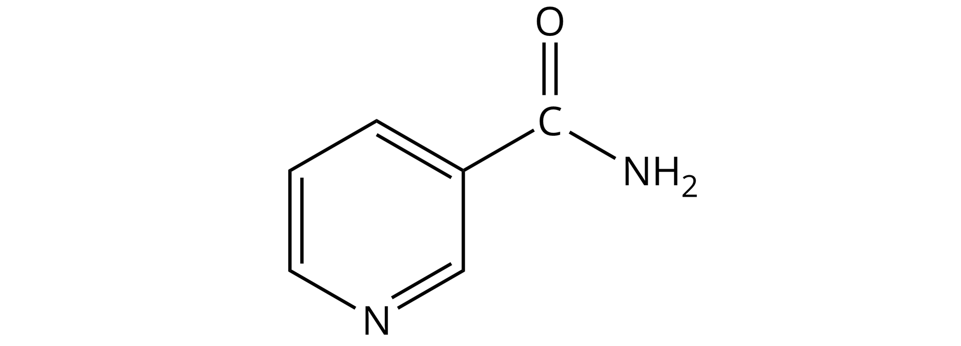 Na ilustracji znajduje się półstrukturalny wzór amidu kwasu nikotynowego.  Aromatyczny pierścień sześcioczłonowy w którym występuje jeden atom azotu oraz na przemian wiązania podwójne i pojedyncze. Do atomu węgla oddalonego o dwie pozycje względem azotu znajduje się przyłączony atom węgla z którym związana jest grupa aminowa poprzez wiązanie pojedyncze oraz atom tlenu poprzez wiązanie podwójne.