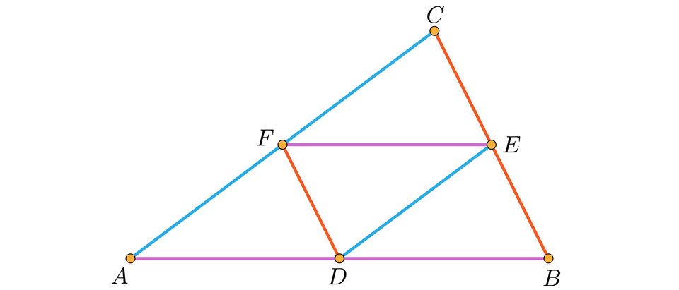 Ilustracja przedstawia trójkąt A, B, C. Zaznaczono punkty D, E, F na środkach boków trójkąta A, B, C. Punkty połączono ze sobą tworząc kolejny trójkąt.