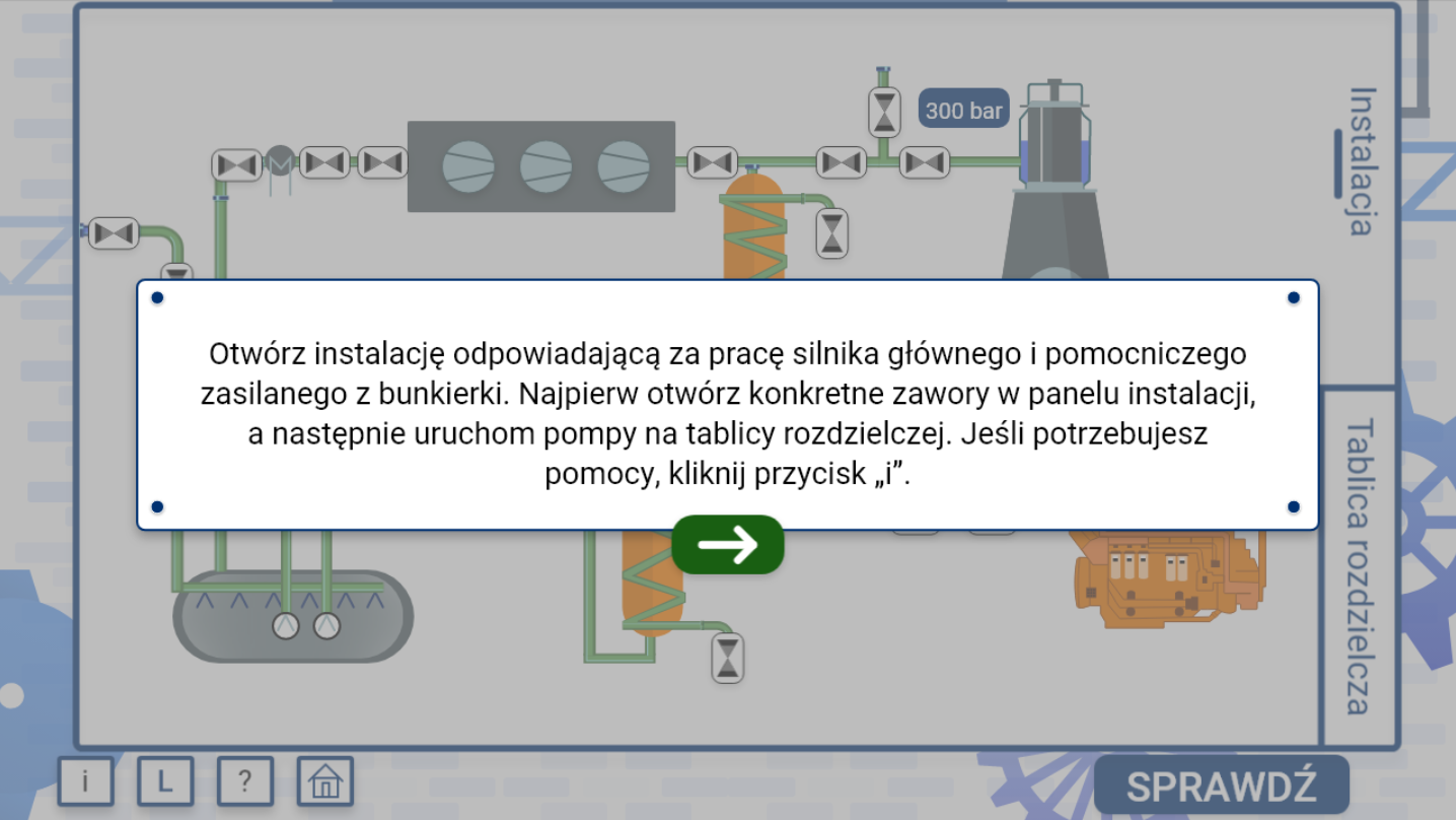 Grafika przedstawia widok na przykładowe polecenie wyświetlające się po uruchomieniu symulatora. Polecenie znajduje się w prostokątnym oknie. Poniżej widać zieloną strzałkę. W tle widać wygaszony symulator.