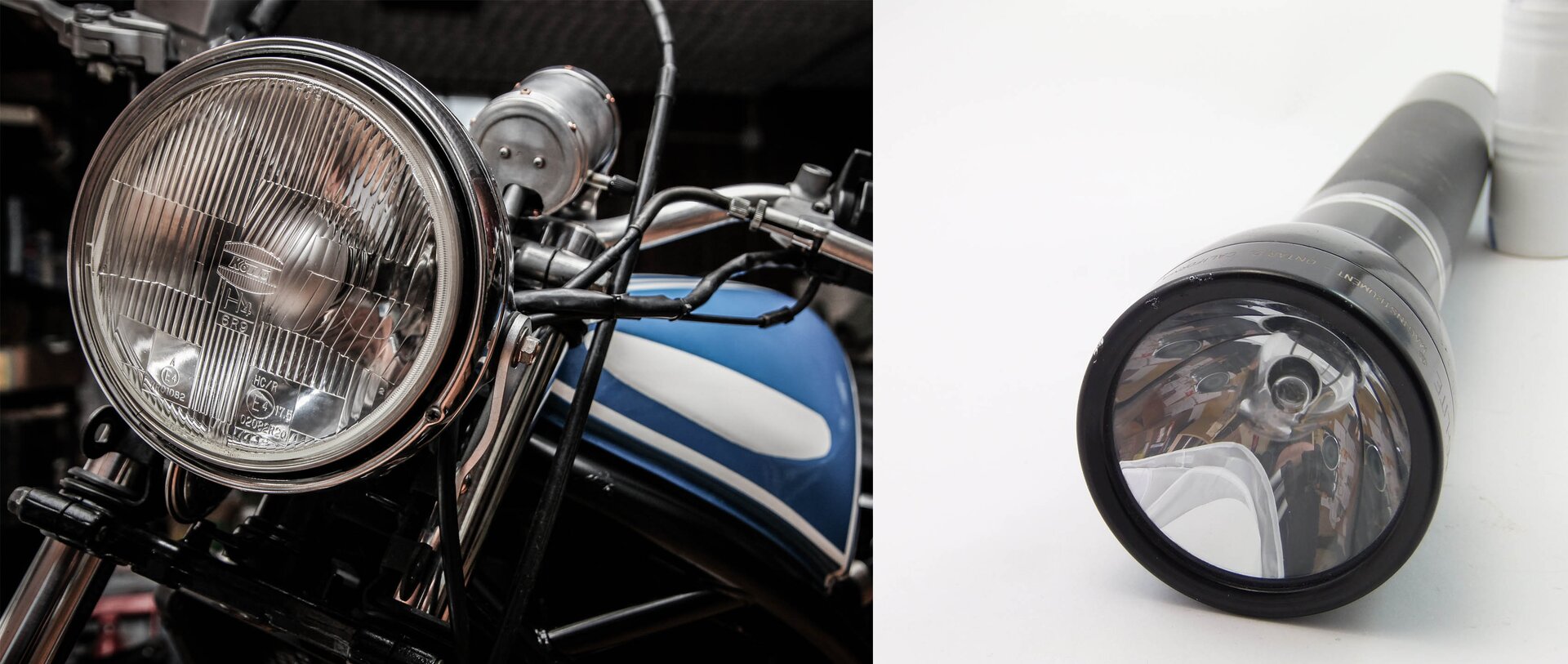 Zdjęcie przedstawia reflektor przedni niebieskiego motocyklu na ciemnym tle oraz czarną latarkę ze zwierciadłem wklęsłym na białym tle.