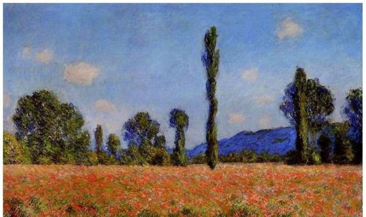 Ilustracja przedstawia obraz Clauda Moneta . Na pierwszym planie pole z kropeczkami w gorącym kolorze, które są kwiatami maków. Za polem rząd  drzew o różnych kształtach, za nimi niebo i niewysokie wzniesienie.