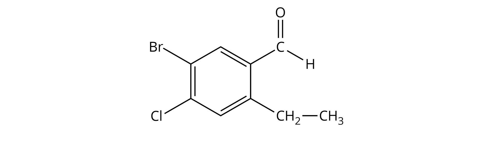 Ilustracja przedstawia wzór półstrukturalny aldehydu aromatycznego zbudowanego z sześcioczłonowego pierścienia aromatycznego, podstawionego w następujący sposób, idąc zgodnie z ruchem wskazówek zegara. Pierwszy podstawnik to grupa aldehydowa CHO. Przy sąsiadującym węglu w pierścieniu podstawiona jest grupa CH2CH3. Następny atom węgla związany jest jedynie z wodorem. Następny, to jest czwarty łączy się z atomem chloru, a piąty z atomem bromu. Szósty atom węgla w pierścieniu ponownie łączy się z atomem wodoru. Zatem w pierścieniu obecne są cztery podstawniki.