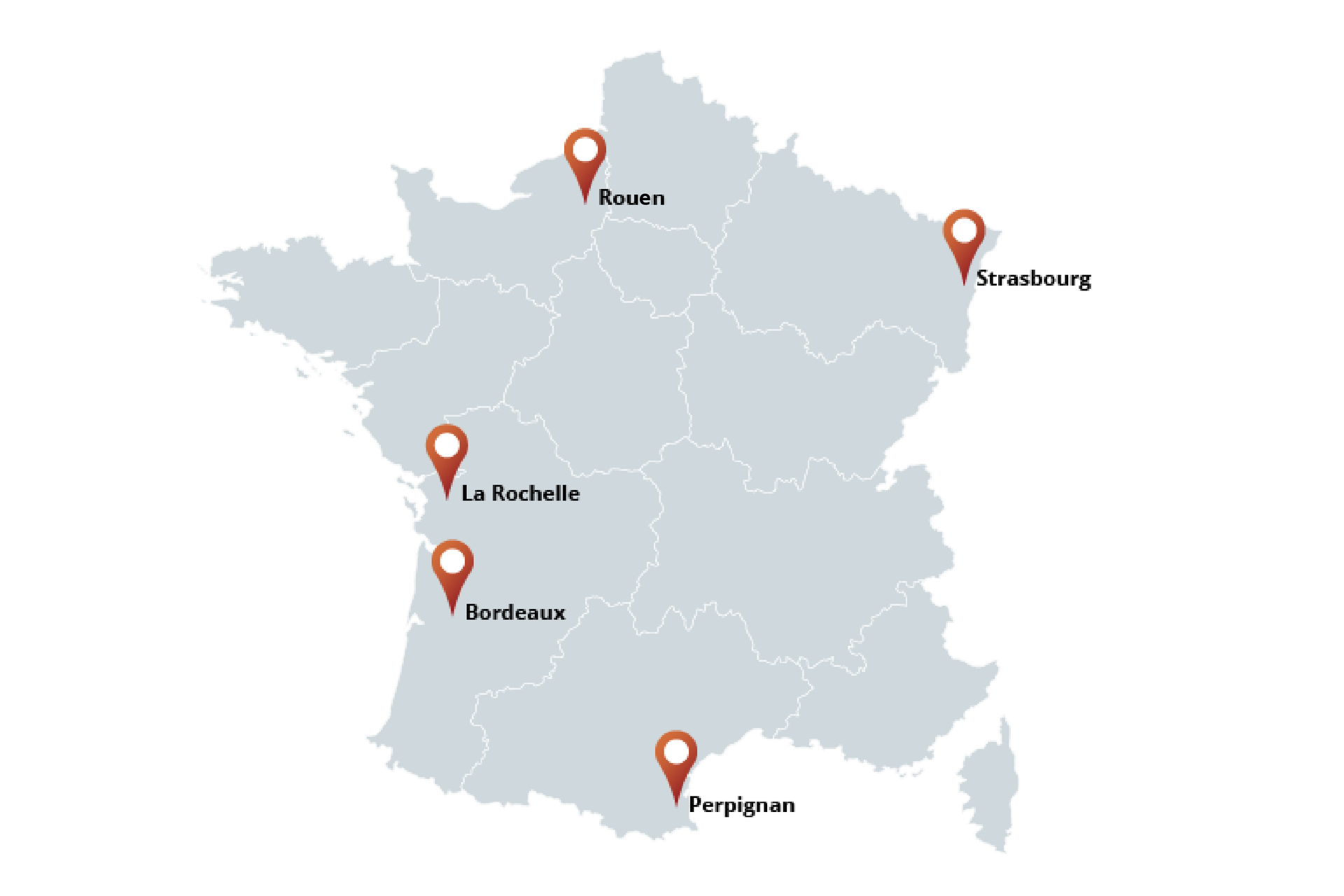 Ilustracja przedstawia mapę Francji z zaznaczonymi punktami: na północy Rouen, na północnym wschodzi Strasbourg, połodniu Parpignan, na zachodzie La Rochelle, na południowym zachodzie Bordeaux.