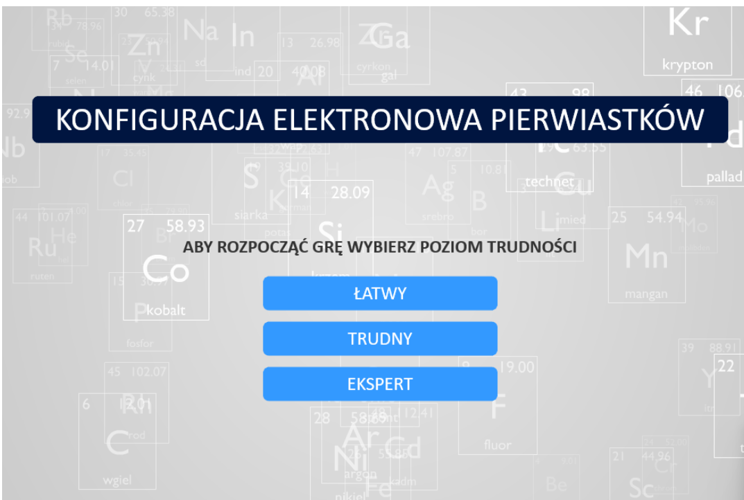 Gra edukacyjna pt. "Konfiguracje elektronowe pierwiastków". W grze należy przyporządkować konfiguracje elektronowe do odpowiedniego pola na układzie okresowym pierwiastków.