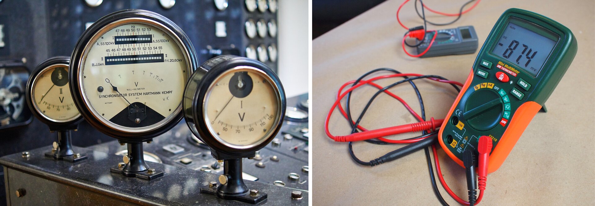 Na zdjęciach znajdują się stare woltomierze, w których napięcie wskazywane było przez strzałkę, jak i nowe z wyświetlaczem.