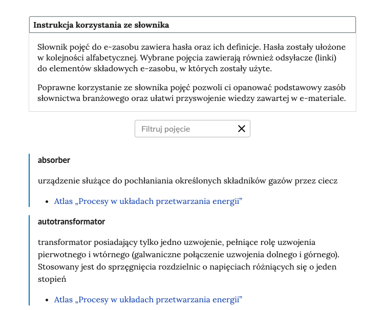 Widok na górną część słownika z polem filtrowania haseł słownika