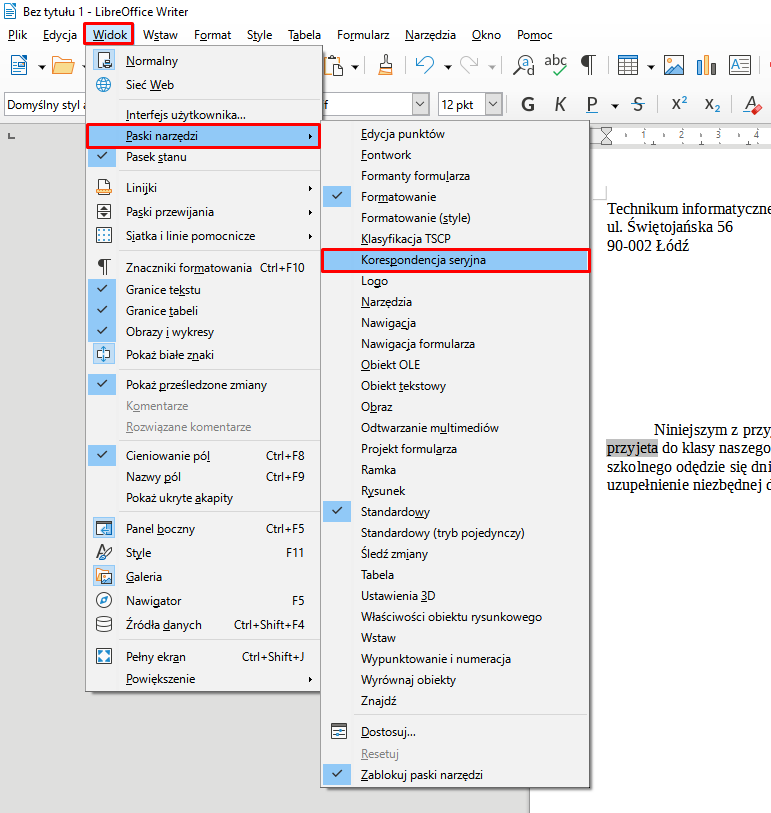 Ilustracja przedstawia otwarty program Microsoft Word. Z paska zadań znajdującego się u góry wybrano opcję Widok, następnie opcję Paski narzędzi, a następnie Korespondencja seryjna. 