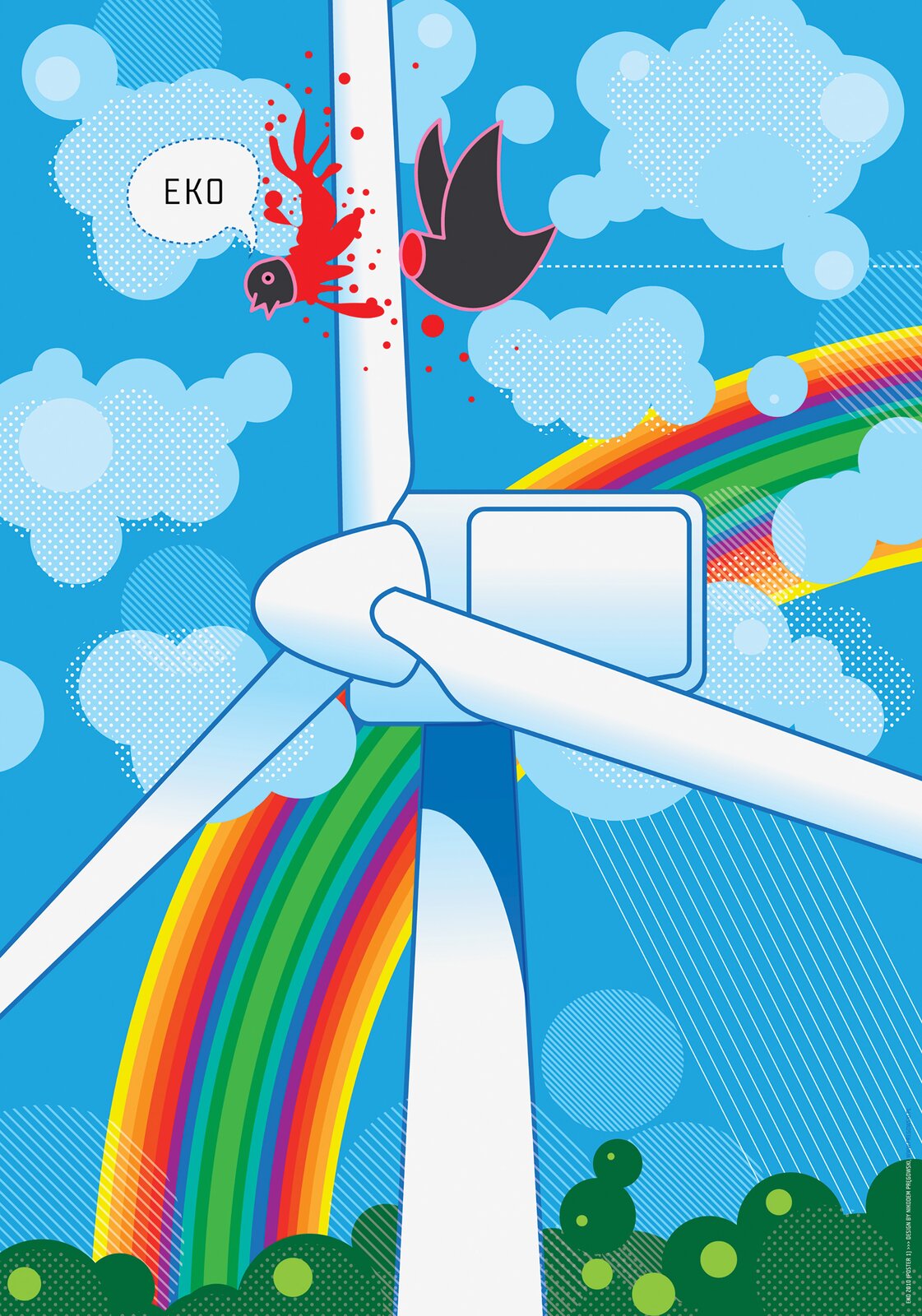 Ilustracja przedstawia plakat „Eko”, autorstwa Nikodema Pręgowskiego. Na tle uproszczonego krajobrazu z błękitnym, pokrytym jasnymi chmurkami niebem oraz tęczą, ukazany został biały wiatrak elektrowni wiatrowej. W górnej części kompozycji artysta przedstawił lecącego, ciemnego ptaka, któremu jedno ze skrzydeł wiatraka odcina głowę. Z szyi wydobywa się rozpryśnięta czerwona plama krwi. Nad głową unosi się chmurka tekstowa z napisem „EKO”.