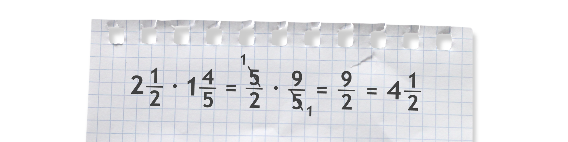 Przykład: dwie całe i jedna druga razy jedna cała i cztery piąte równa się pięć drugich razy dziewięć piątych (po skróceniu przez pięć z licznika i mianownika ułamków liczby 5) równa się dziewięć drugich równa się cztery całe i jedna druga.