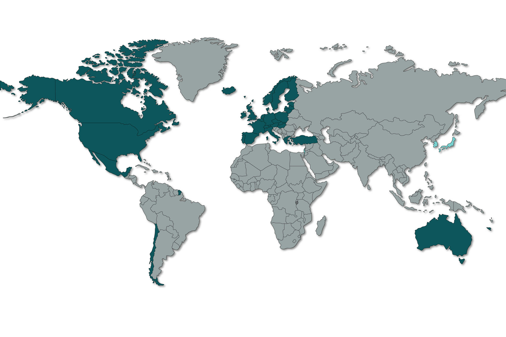 Na mapie zaznaczono Kanadę, USA, Chile, większość krajów europejskich z Polską włącznie, Australię.  