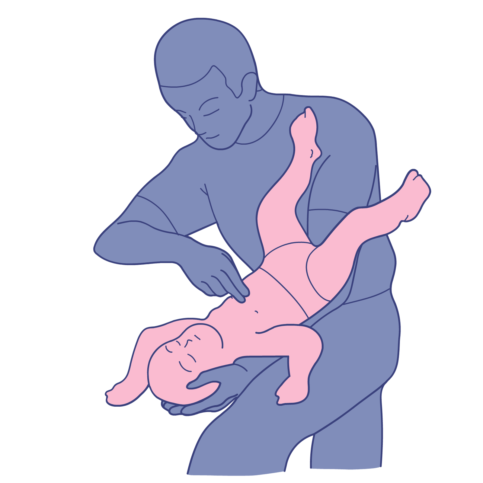 Ilustracja przedstawia mężczyznę udzielającego pierwszej pomocy niemowlęciu. Dziecko leży na plecach na lewym przedramieniu mężczyzny. Mężczyzna podpiera swoją rękę, na której leży dziecko na lewym udzie. Mężczyzna przytrzymuje głowę dziecka lewą dłonią, a dwoma palcami prawej ręki uciska dziecko w okolicy mostka.