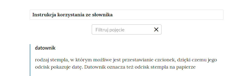 Widok na górną część słownika