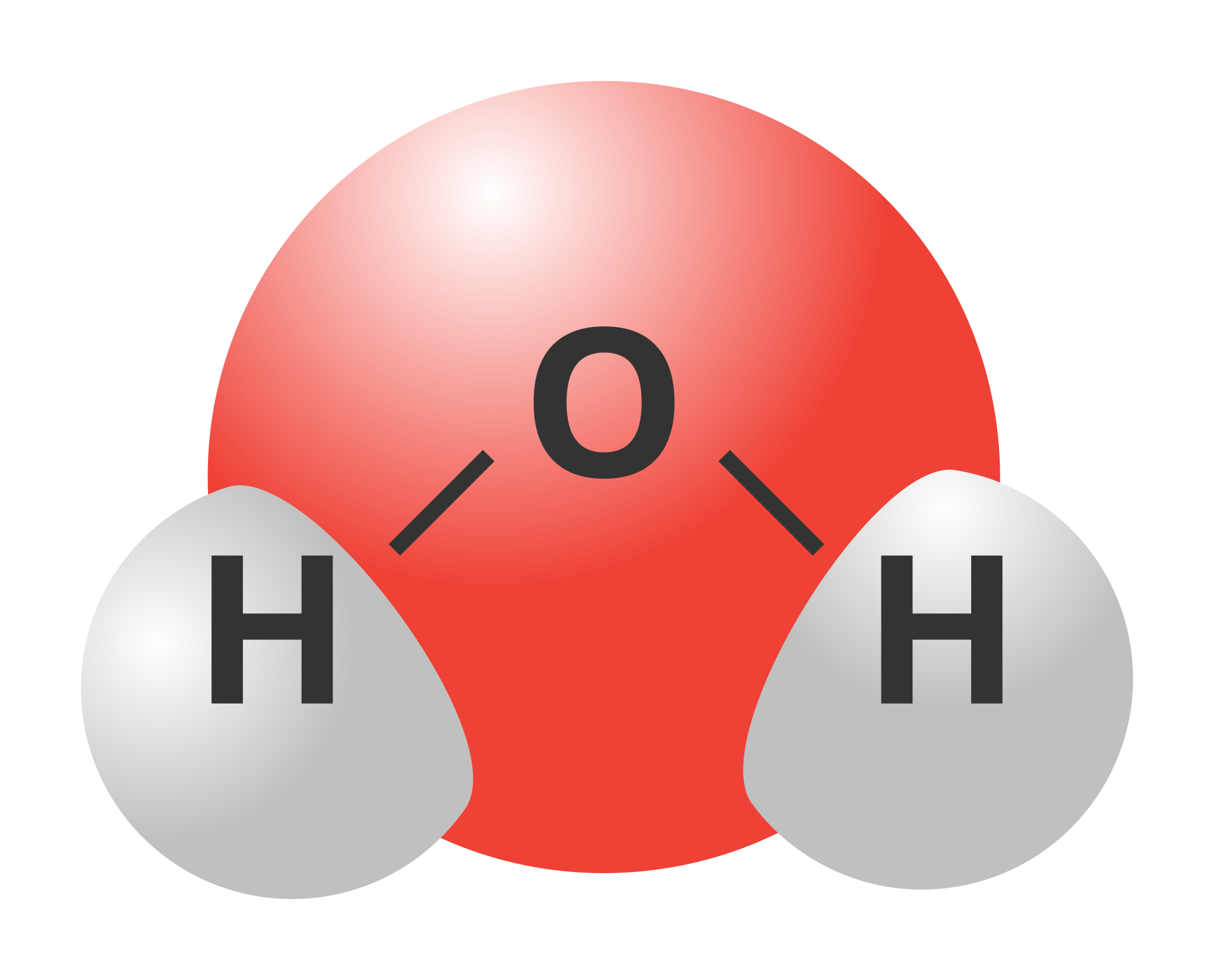 Ilustracja przedstawia model cząsteczki wody. Składa się z atomu tlenu, który oznaczony jest czerwoną kulą i symbolem pierwiastka tlenu o oraz dwóch atomów wodoru symbol ha, które są oznaczone jako dwie mniejsze szare kulki połączone z atomem tlenu.