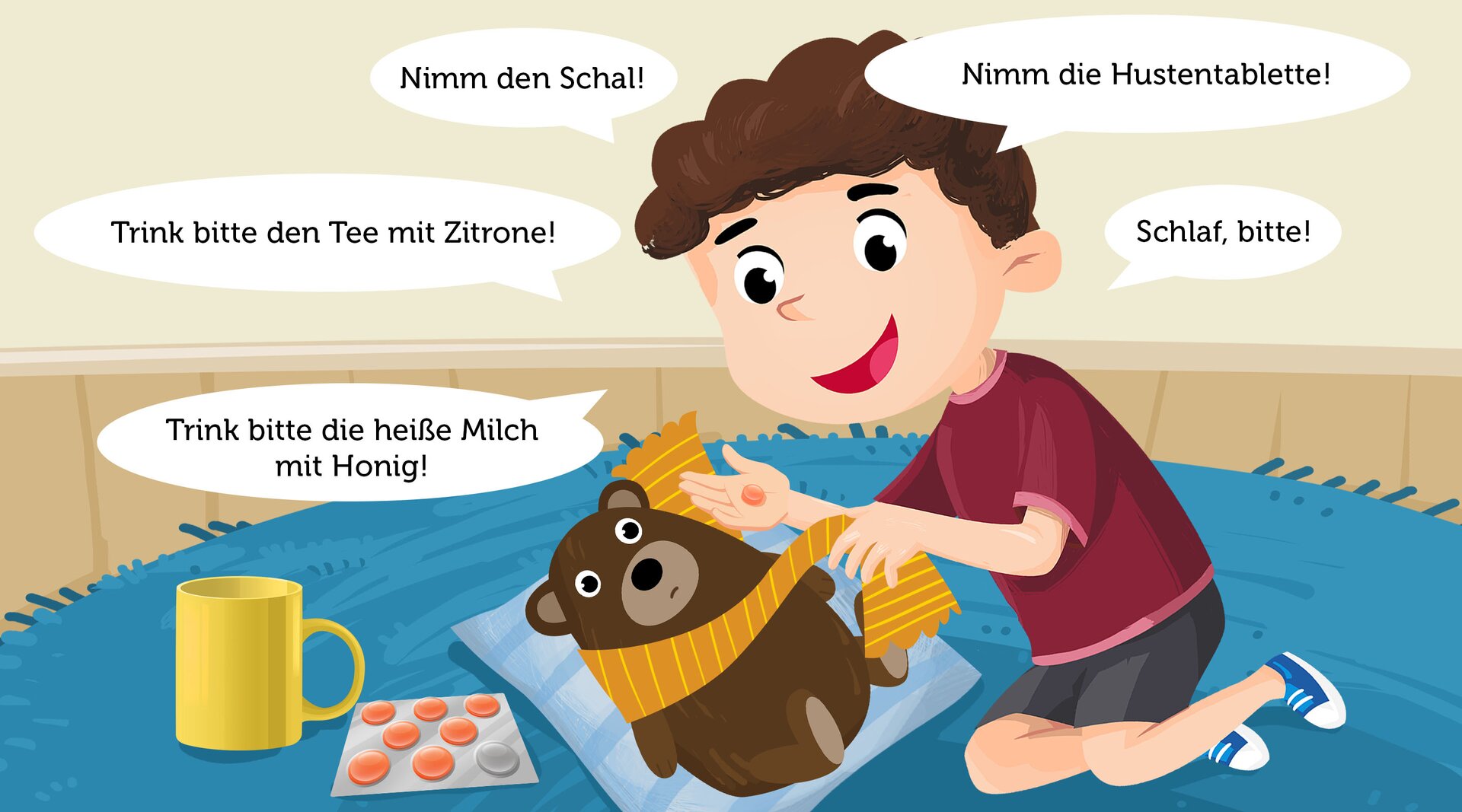 Ilustracja przedstawia chłopca bawiącego się z misiem. Miś leży, jest chory, chłopiec owija jego gardło szalikiem. Obok misia stoi żółty kubek i leżą tabletki na kaszel. Na ilustracji znajdują się dymki z tekstami w języku niemieckim, które chłopiec mówi do misia:
Nimm den Schal!
Nimm die Hustentablette!
Trink bitte den Tee mit Zitrone!
Trink bitte die heiβe Milch mit Honig!
Schlaf, bitte!