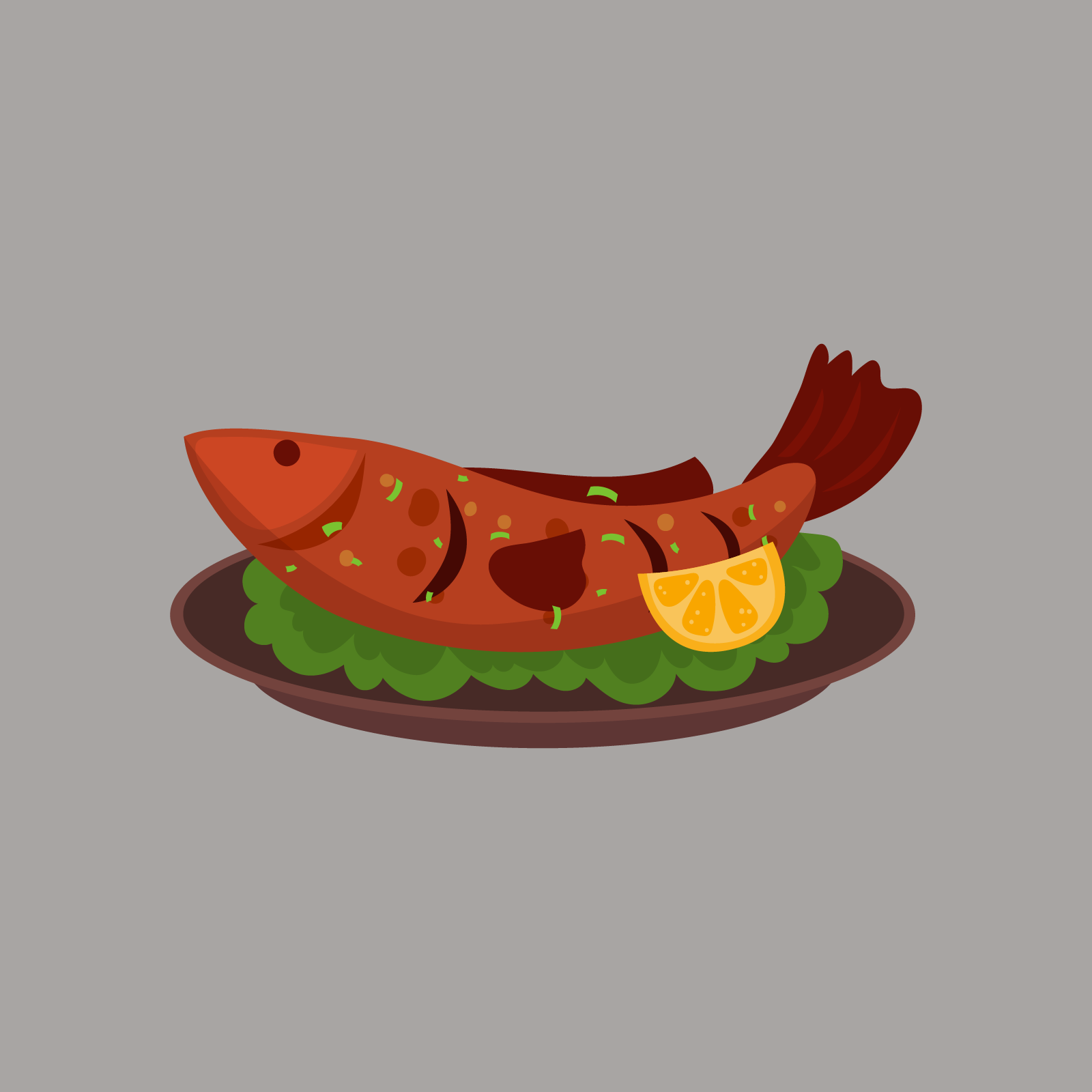 Ilustracja przedstawia pieczona rybę na talerzu, z cytryną i sałatą.