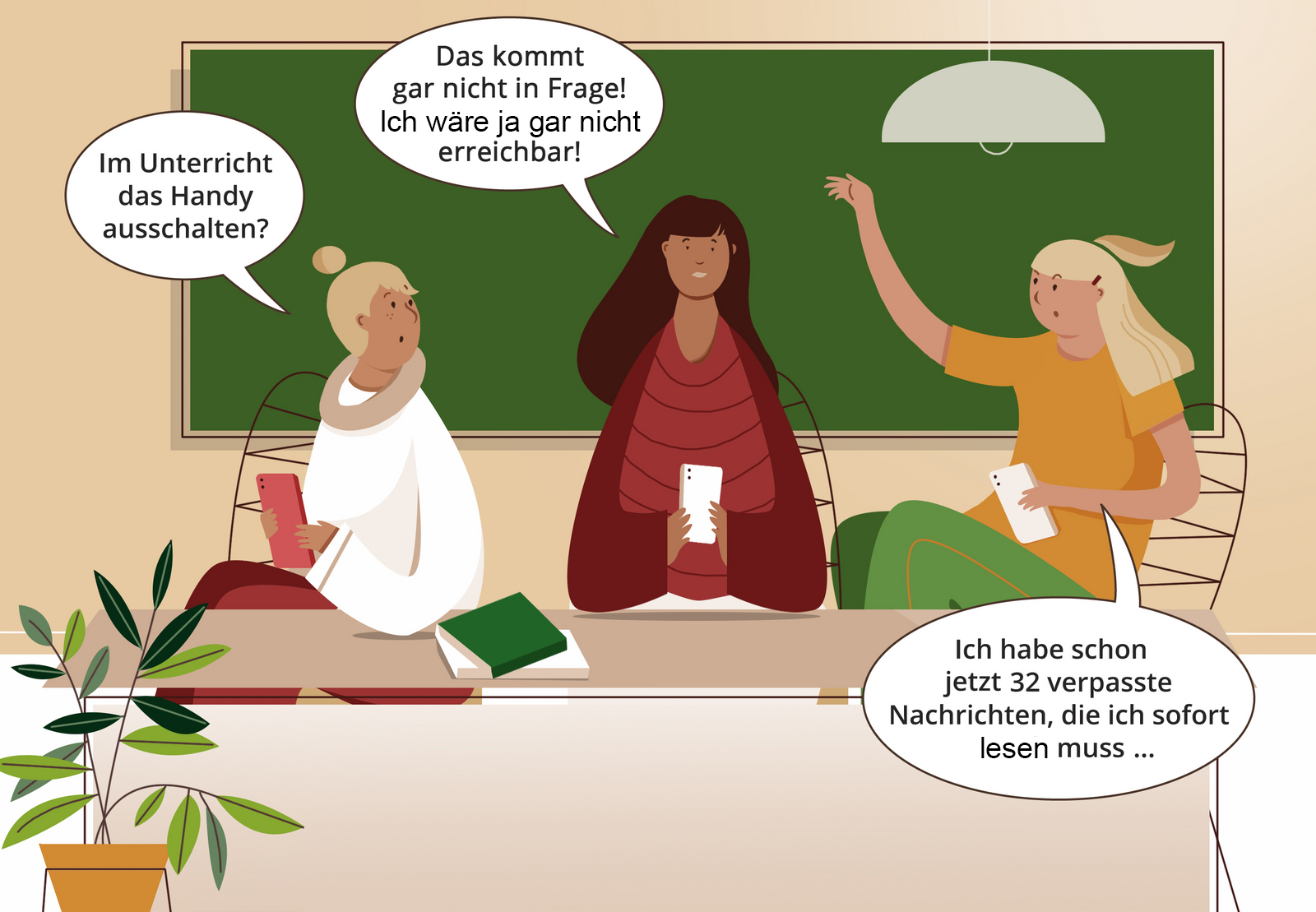 Ilustracja przedstawia trzy nastolatki siedzące przy stole, wszystkie trzymają w dłoniach smartfony, rozmawiają ze sobą, za ich plecami zawieszona jest tablica. Kobieta z lewej strony pyta: Im Unterricht das Handy ausschalten?. Kobieta siedząca pośrodku odpowiada: Das kommt gar nicht in Frage! Ich wäre nicht erreichbar!. Trzecia kobieta, siedząca po prawej stronie mówi: Ich habe schon jetz 32 verpasste WhatsUpp Nachricchten, die ich sofort angucken muss….