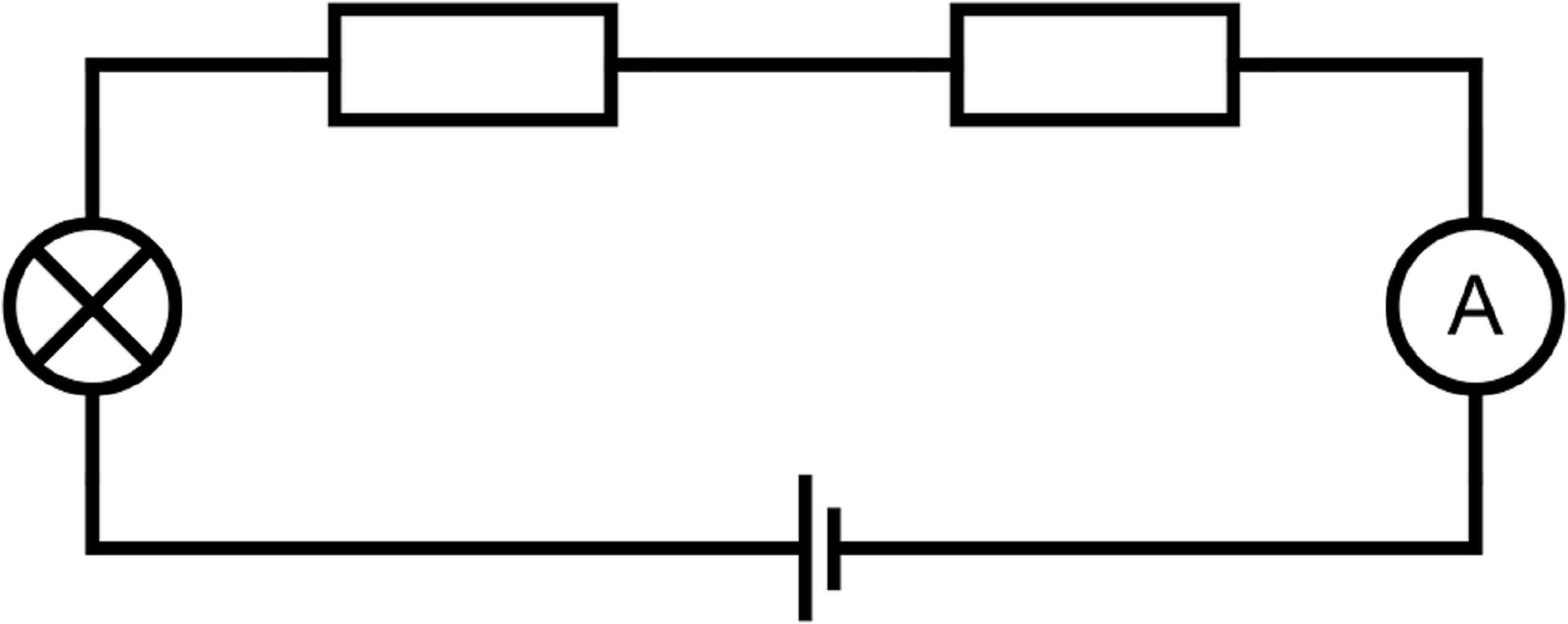 Ilustracja przedstawia schemat układu złożonego z pięciu elementów oraz łączących je przewodów. Symbol jednego z elementów to dwie pionowe kreski, jedna dłuższa od drugiej. Od dłuższej przewód prowadzi do elementu, którego symbolem jest kółko przekreślone na kształt litery iks. Dalej do prostokąta, do kolejnego prostokąta, kółka z literą duże A w środku i do krótszej kreski pierwszego symbolu.