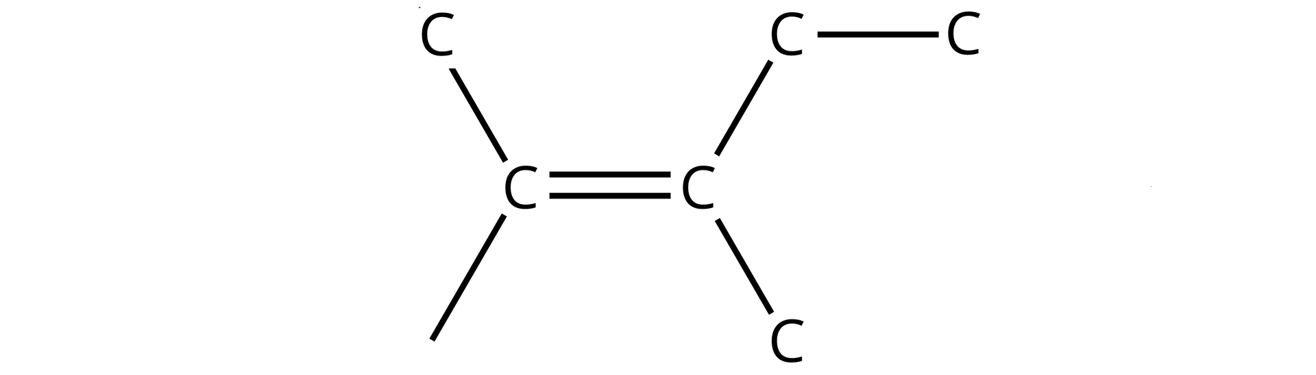 Ilustracja przedstawiająca fragment szkieletu węglowego. Dwa atomy węgla połączone są za pomocą wiązania podwójnego. Od pierwszego z nich odchodzą dwa wiązania, jedno z wiązań jest zakończone atomem węgla. Od drugiego atomu węgla przy wiązaniu podwójnym również wychodzą dwa wiązania. Jedno z tych wiązań łączy się z atomem węgla, drugie zaś z atomem węgla, który jest połączony na końcu z jeszcze jednym atomem węgla.
