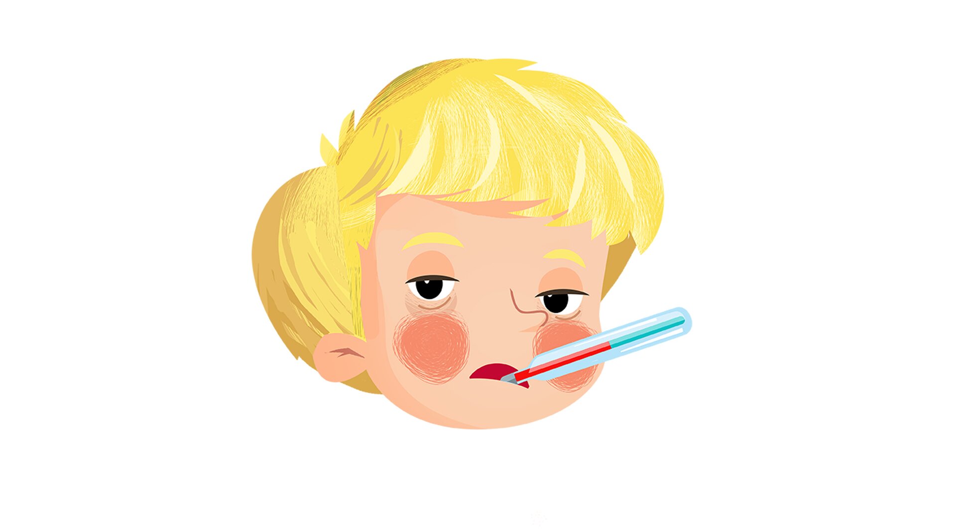 Na ilustracji znajduje się chory chłopczyk z termometrem w ustach.