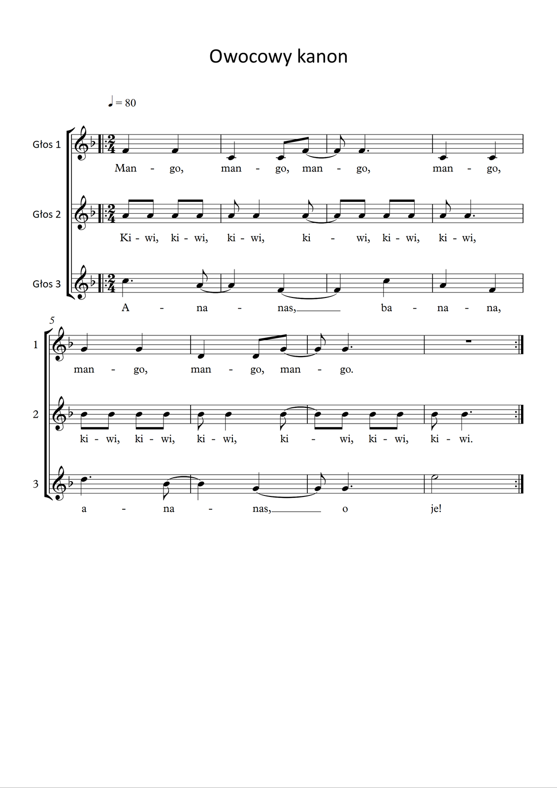 Grafika przedstawia partyturę utworu „Owocowy Kanon”, który jest napisany w metrum dwie czwarte, w tonacji F‑dur. Partytura ma osiem taktów, zapisane trzy partie oraz zaznaczone tempo osiemdziesięciu miar na minutę. Melodię zapisano w kluczu wiolinowym, a pod nutami zanotowano tekst. Wszystkie dźwięki należą do oktaw razkreślnej oraz dwukreślnej. W pierwszym głosie w pierwszym takcie na pierwsze dwie miary śpiewana jest dwa razy ćwierćnuta f. Przed pierwszym taktem zapisano początek repetycji. W takcie drugim na pierwszą miarę śpiewana jest ćwierćnuta c, a na miarę drugą dwie ósemki – c oraz f, z czego ta druga przedłużona jest do kolejnego taktu. W trzecim takcie na pierwszą miarę zapisano ósemkę f, przedłużoną z poprzedniego taktu, a następnie ćwierćnutę z kropką f. W takcie czwartym na pierwsze dwie miary śpiewana jest dwa razy ćwierćnuta c. W piątym takcie na obie miary zapisano po ćwierćnucie g. W takcie szóstym na pierwszą miarę śpiewana jest ćwierćnuta d, a na miarę drugą ósemki d oraz g, z czego ta druga została przedłużona do kolejnego taktu. W siódmym takcie na pierwszą miarę zapisano ósemkę g, przedłużoną z taktu poprzedniego, a dalej ćwierćnutę z kropką g. W ósmym takcie zapisano pauzę półnutową. Po ósmym takcie zapisano koniec repetycji. W drugim głosie w pierwszym takcie na pierwsze dwie miary zapisano po dwie ósemki a. Przed pierwszym taktem zapisano początek repetycji. W takcie drugim na pierwszą miarę śpiewana jest ósemka a, następnie ćwierćnuta a, natomiast na koniec ósemka a, przedłużona do kolejnego taktu. W takcie trzecim na pierwszą miarę zapisano ósemkę a, przedłużoną z taktu poprzedniego, następnie ósemkę a, natomiast na drugą miarę dwie ósemki a. W takcie czwartym na pierwszą miarę śpiewana jest ósemka a, a dalej ćwierćnuta z kropką a. W takcie piątym na obie miary śpiewane są po dwie ósemki b. W szóstym takcie na pierwszą miarę śpiewana jest ósemka b, dalej ćwierćnuta b, a następnie ósemka b, przedłużona do kolejnego taktu. W siódmym takcie na pierwszą miarę zapisano ósemkę b, przedłużoną z poprzedniego taktu, a następnie trzy ósemki b. W takcie ósmym na pierwszą miarę śpiewana jest ósemka b, a następnie ćwierćnuta z kropką b. Po ósmym takcie zapisano koniec repetycji. W trzecim głosie na pierwszą miarę w pierwszym takcie śpiewana jest ćwierćnuta z kropką c, a następnie ósemka a, przedłużona do kolejnego taktu. Przed pierwszym taktem zaznaczono początek repetycji. W takcie drugim na pierwszą miarę zapisano ćwierćnutę a, przedłużoną z poprzedniego taktu, a na miarę drugą ćwierćnutę f, przedłużoną do taktu kolejnego. W trzecim takcie na pierwszą miarę zapisano ćwierćnutę f, przedłużoną z poprzedniego taktu, a na drugą miarę ćwierćnutę c. W takcie czwartym na pierwszą miarę śpiewana jest ćwierćnuta a, natomiast na miarę drugą ćwierćnuta f. W piątym takcie na pierwszą miarę śpiewana jest ćwierćnuta z kropką d, a dalej ósemka b, przedłużona do kolejnego taktu. W szóstym takcie na pierwszą miarę zapisano ćwierćnutę b, przedłużoną z taktu poprzedniego, a na miarę drugą ćwierćnutę g, przedłużoną do kolejnego taktu. W takcie siódmym na pierwszą miarę zapisano ósemkę g, przedłużoną z poprzedniego taktu, a dalej ćwierćnutę z kropką g. W ósmym takcie na obie miary śpiewana jest półnuta e.