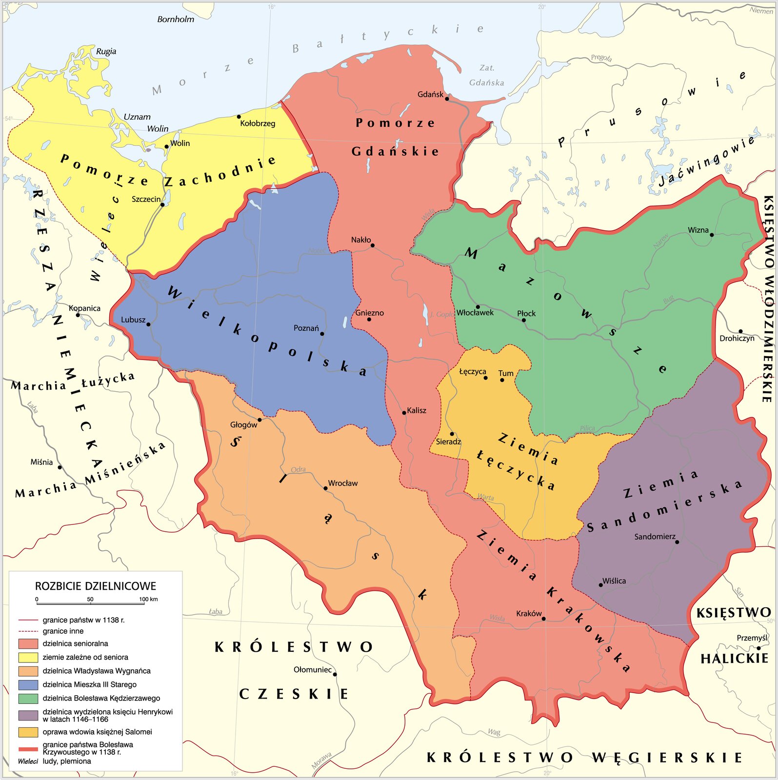 Ilustracja przedstawia mapę konturową Polski z okresu rozbicia dzielnicowego. W obrębie państwa Bolesława Krzywoustego w 1138 roku znajdują się tereny wyznaczone od środkowego wybrzeża Morza Bałtyckiego z Pomorzem Gdańskim (Gdańsk, Nakło), Wielkopolską (Poznań, Lubusz), Mazowszem (Warszawa, Płock, Wizna), Ziemią Łęczycką (Łęczyca, Tum, Sieradz), Ziemią Sandomierską (Sandomierz, Wiślica), Ziemią Krakowską (Kraków), Śląskiem (Głogów, Wrocław). Polska w tym czasie graniczyła na północnym-zachodzie z Pomorzem Zachodnim, które stanowiło ziemie zależne od seniora. Od wschodu Polska graniczyła z Rzeszą Niemiecką, na południowym-zachodzie z Królestwem Czeskim, na południu z Królestwem Węgierskim, od południowego-wschodu z Księstwem Halickim, od wschodu z Księstwem Włodzimierskim, od północnego-wschodu z Prusami i Jaćwingami. Dzielnicę senioralną stanowił obszar o kształcie podłużnego pasa ciągnącego się od Pomorza Gdańskiego (Gdańsk) przez centralną Polskę (Gniezno, Kalisz), aż do Ziemi Krakowskiej (Kraków). Dzielnica Władysława Wygnańca obejmowała Śląsk. Dzielnica Mieszka trzeciego Starego to Wielkopolska. Dzielnica Bolesława Kędzierzawego obejmowała Mazowsze. Dzielnica wydzielona księciu Henrykowi w latach 1146-1166 to Ziemia Sandomierska. Oprawa wdowia księżnej Salomei to Ziemia Łęczycka.
