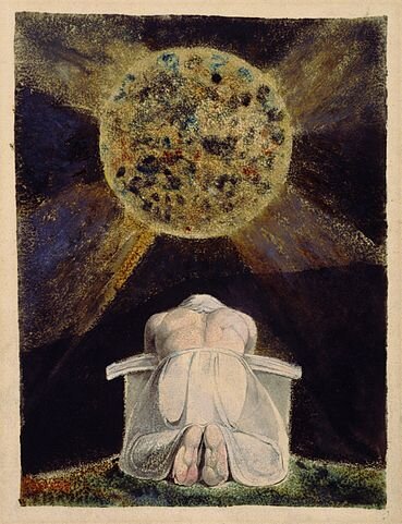 Obraz Williama Blake'a, który przedstawia klęczącego człowieka a nad nim słońce. An image of William Blake, who depicts a kneeling man and the sun above him.