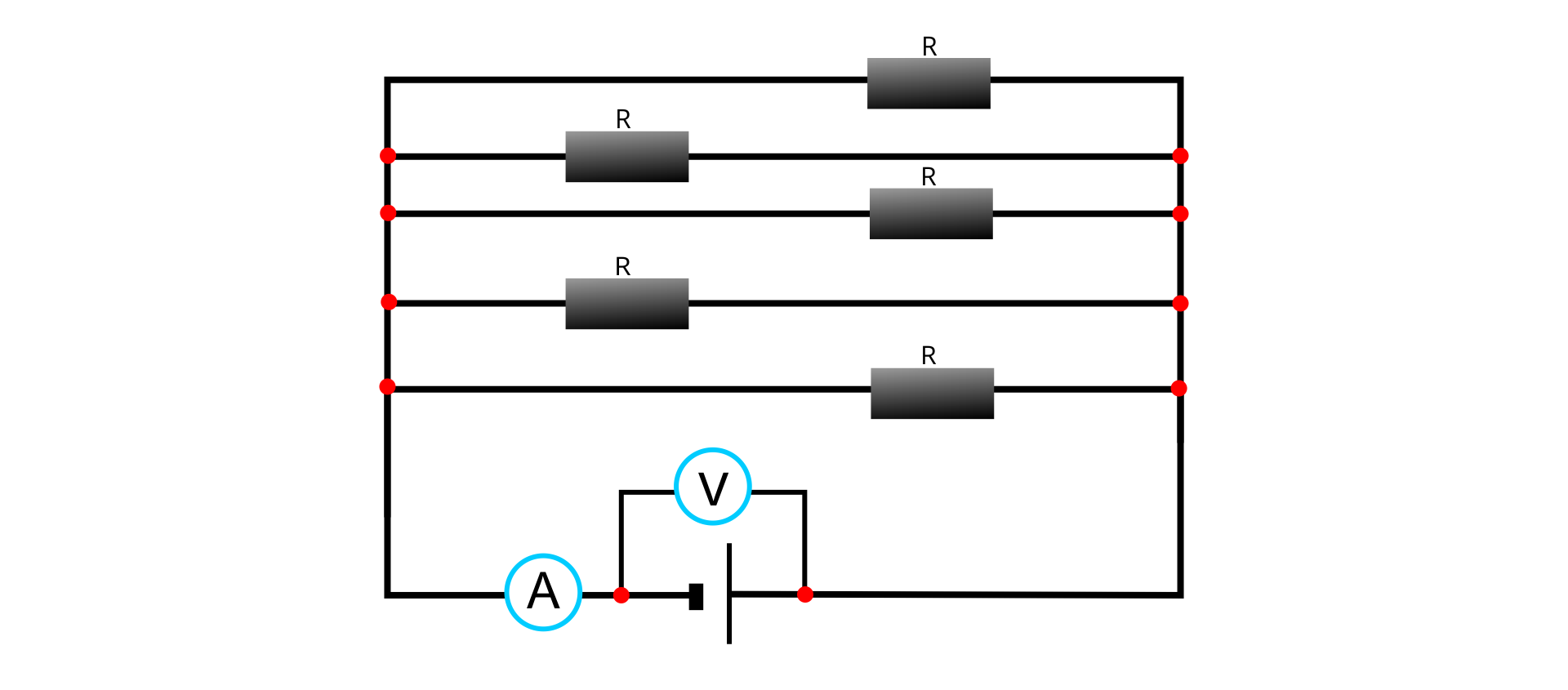 Ilustracja przedstawia schemat układu elektrycznego, w którym oporniki połączone są równolegle. Na obrysie prostokąta, na górnym boku prostokąt R symbolizujący opornik). Na prawym i lewym boku po jednym punkcie, które połączone są kreską poziomą, na której narysowany jest prostokąt R symbolizujący opornik. Poniżej na prawym i lewym boku po jednym punkcie, które połączone są kreską poziomą, na której narysowany jest prostokąt R symbolizujący opornik. Poniżej na prawym i lewym boku po jednym punkcie, które połączone są kreską poziomą, na której narysowany jest prostokąt R symbolizujący opornik. Poniżej na prawym i lewym boku po jednym punkcie, które połączone są kreską poziomą, na której narysowany jest prostokąt R symbolizujący opornik. Na dolnym boku prostokąta od lewej kółko z literą A symbolizujące amperomierz, dalej punkt łączenia, dalej ogniwo (szeroka krótka kreska pionowa, puste miejsce, pionowa dłuższa kreska), dalej punkt łączenia. Od punktów łączenia wychodzą dwie kreski pionowe do środka układu. Między nimi kreska pozioma, na niej kółko z literą V symbolizujące woltomierz.
