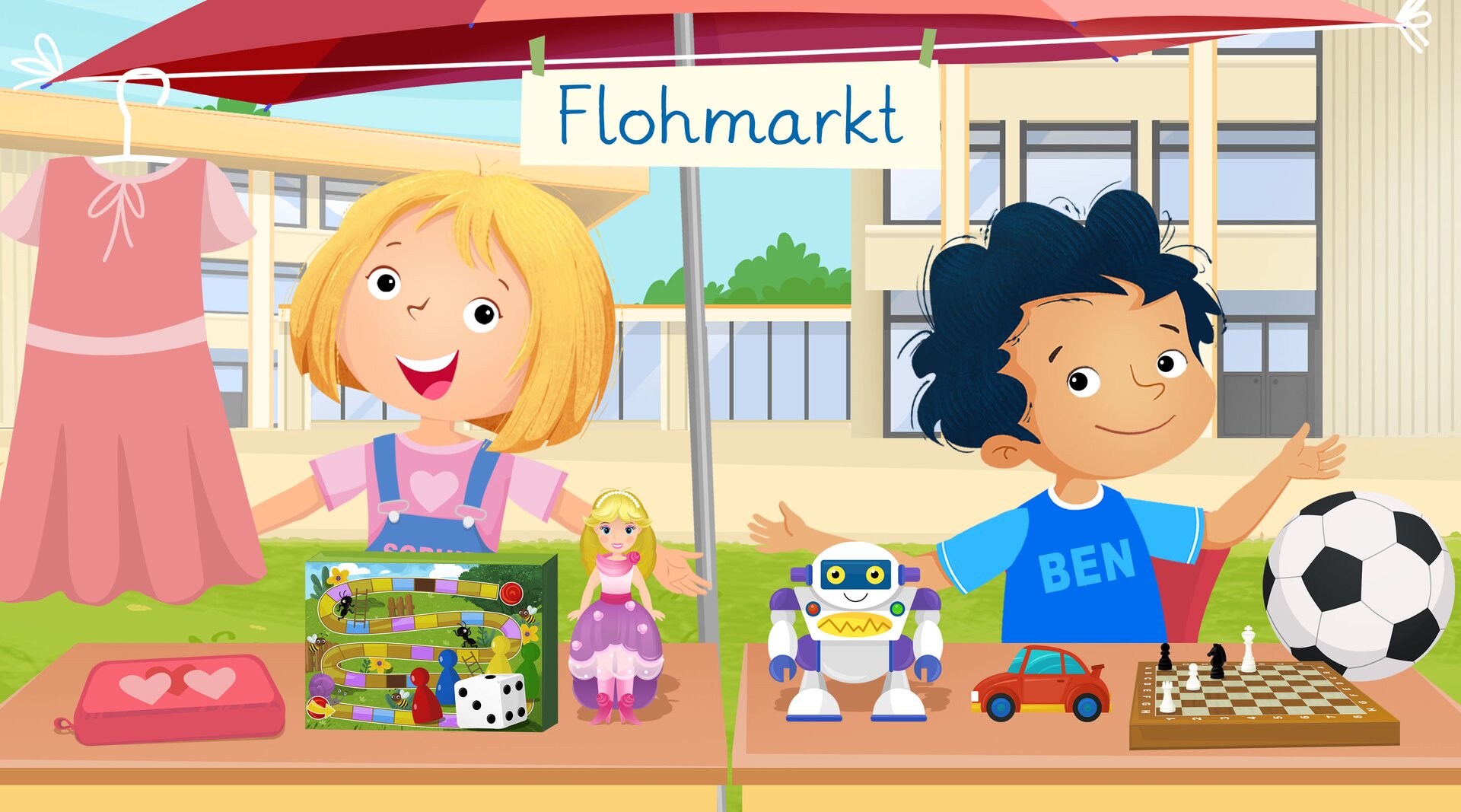 Ilustracja przedstawia stoiska Sophie i Bena. Wystawili oni sukienkę, piórnik, grę, lalkę, robota, auto, szachy i piłkę. 