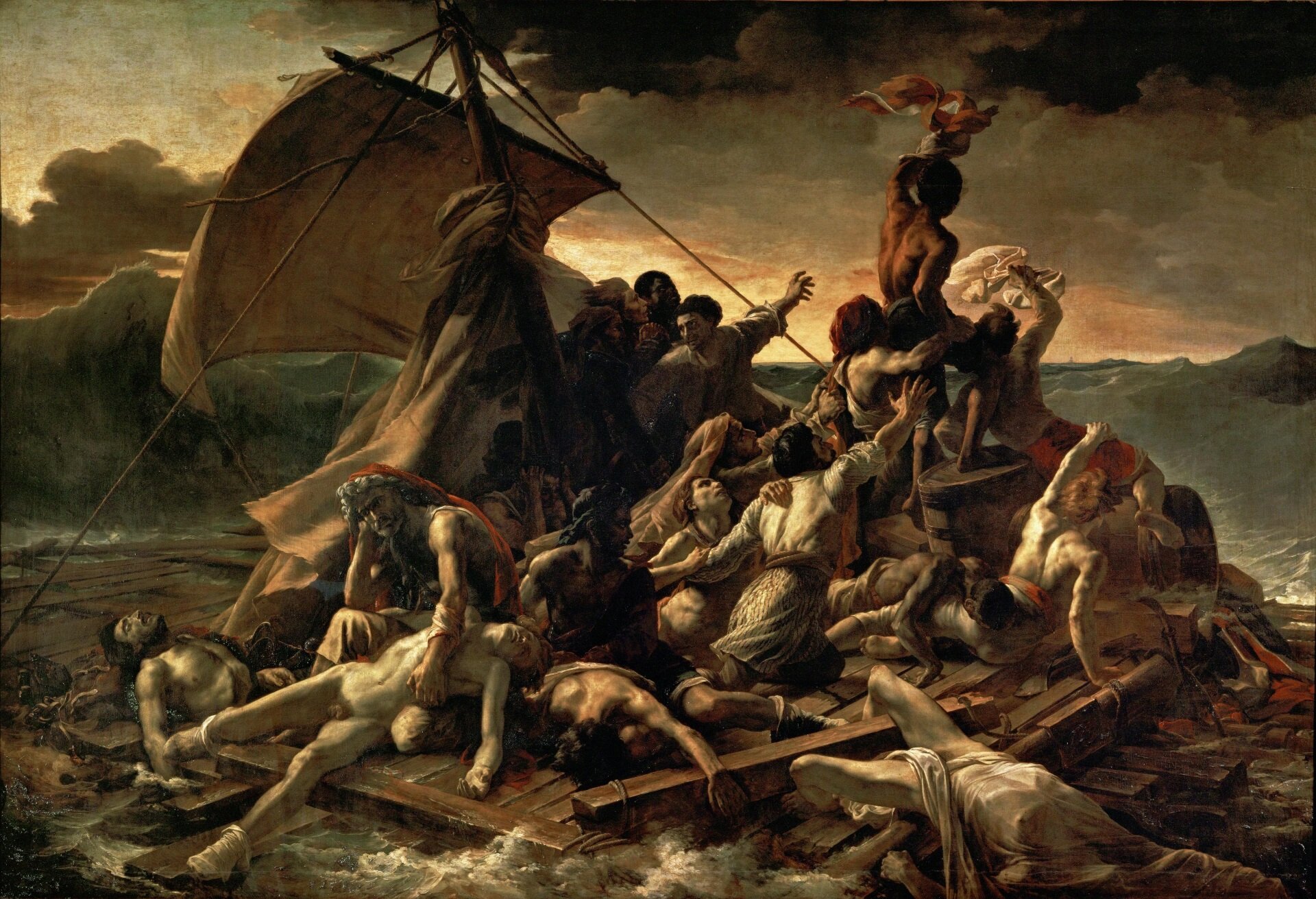 lustracja przedstawia obraz Théodore’a Géricault „Tratwa Meduzy”. Na obrazie widoczni są rozbitkowie ze statku Meduza. Ludzie znajdują się na drewnianej tratwie, która płynie po wzburzonym morzu. W oddali widoczny jest okręt, do którego rozbitkowie machają. Ocean jest wzburzony, a niebo pokrywają ciemne chmury.