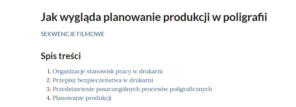 Grafika przedstawia widok spisu treści sekwencji filmowych zatytułowanych Jak wygląda planowanie produkcji w poligrafii