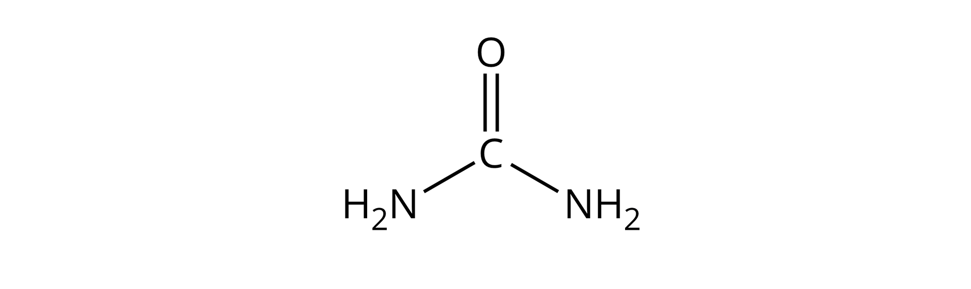 Ilustracja przedstawia wzór półstrukturalny mocznika. Do atomu węgla przyłączone są poprzez wiązania pojedyncze dwie grupy aminowe oraz atom tlenu poprzez wiązanie podwójne.