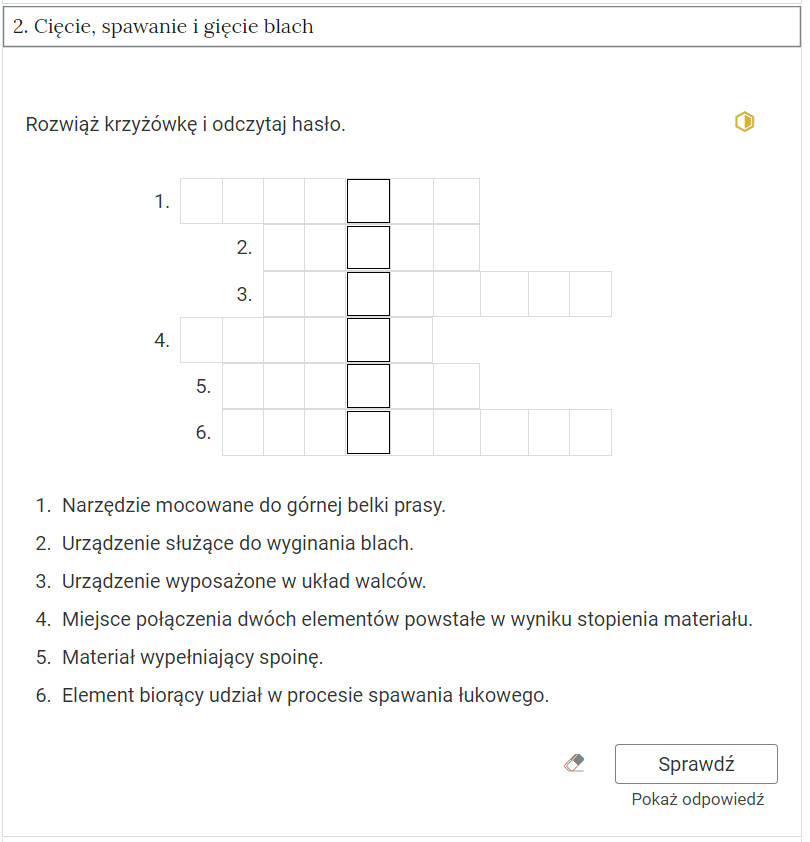 Zdjęcie przedstawia otwartą zakładkę z przykładowym zadaniem. Pod nazwą zakładki znajduje się polecenie. Pod poleceniem widać treść zadania z odpowiedziami do wyboru. Po prawej stronie polecenia widać żółty sześciokąt. Poniżej zadania, po prawej stronie panelu znajduje się ikona sprawdź. Po jej lewej stronie widać symbol gumki. Poniżej przycisku sprawdź znajduje się napis pokaż odpowiedź.
