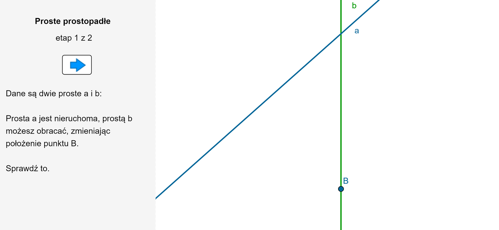 Aplet pokazuje proste a i b. Należy, posługując się ekierką, ustawić prostą b tak, aby była ona prostopadła do prostej a.